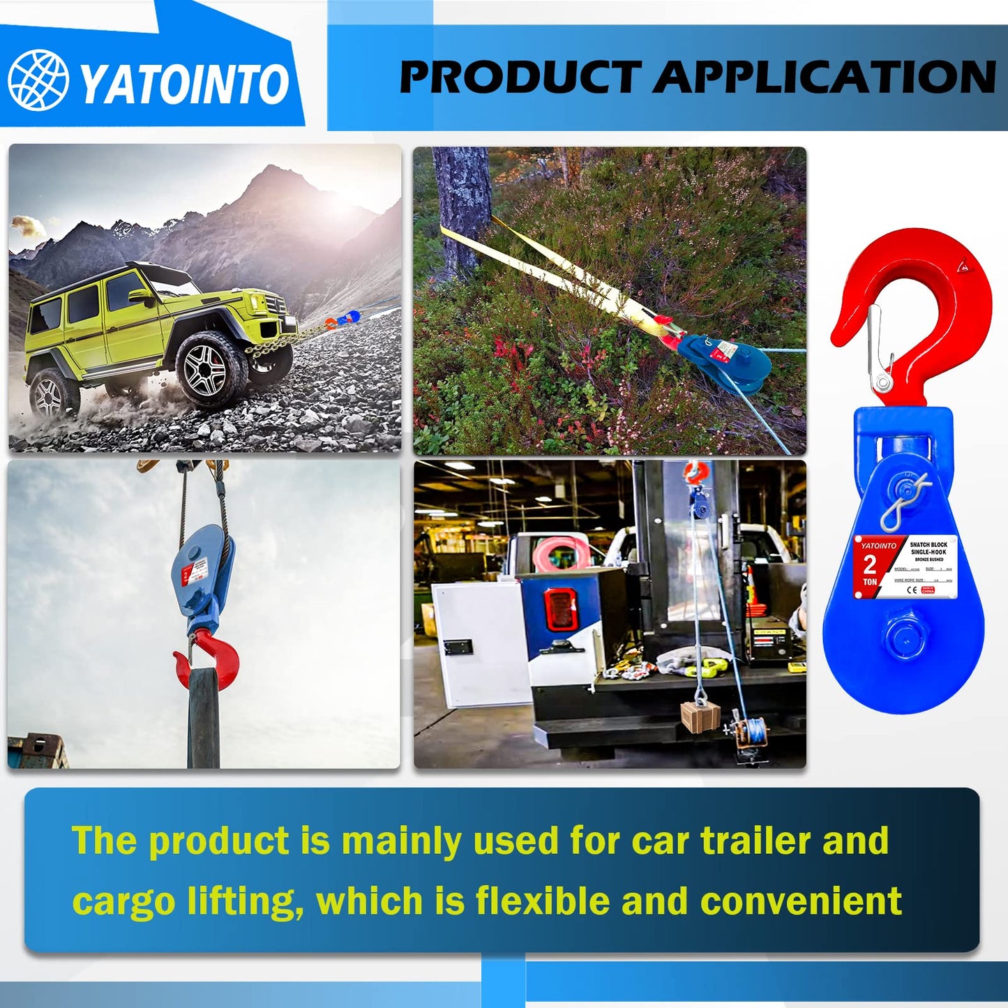 YATOINTO 2 ton Snatch Block with Hook, 3" Sheave 3/8" Inch Wire Rope Snatch Block, 4400lbs Snatch Pulley for Rollback Wrecker Car Hauler Winch