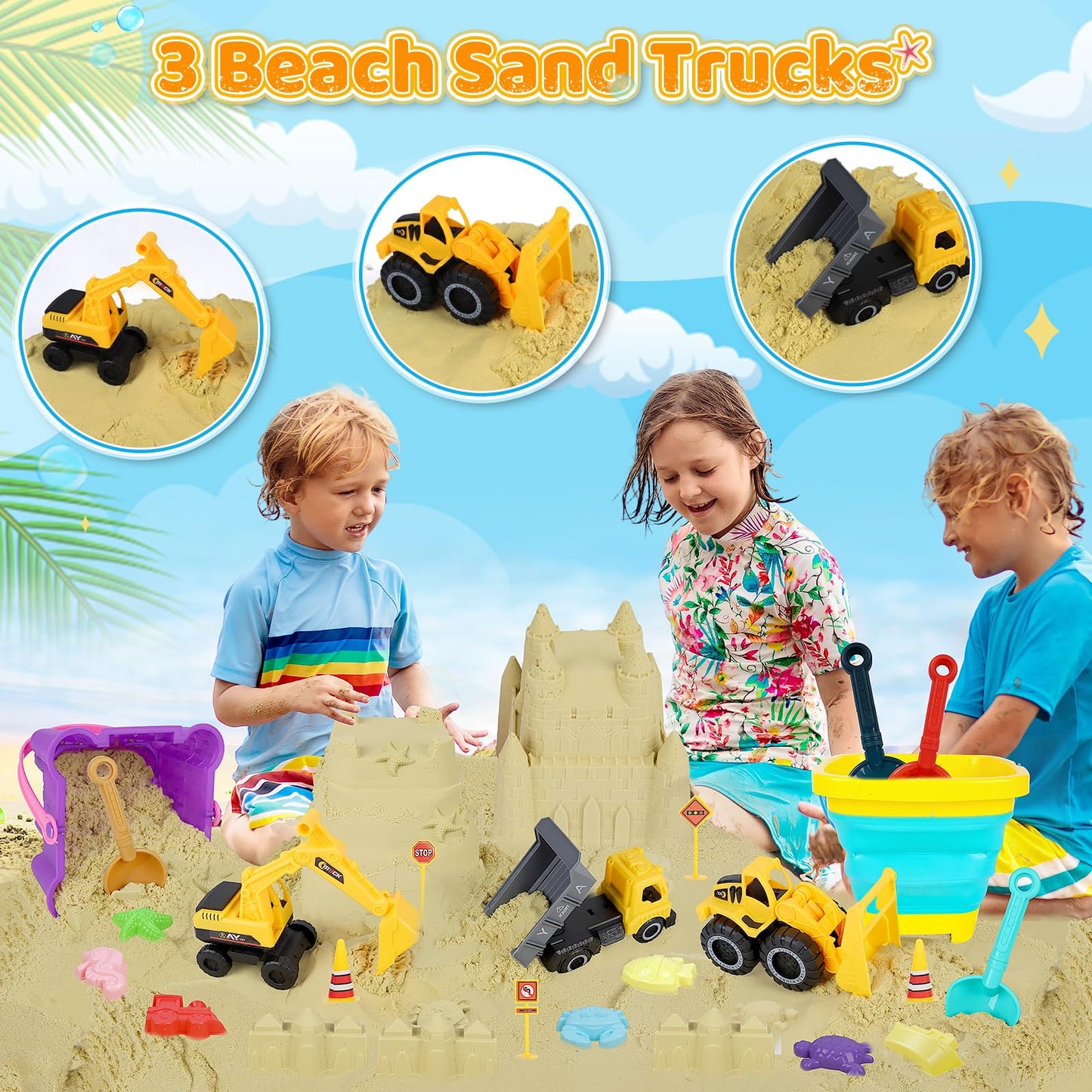 Beach Sand Toys for Kids - 31Pcs Sandbox Toy Set with 3 Trucks, 2 Collapsible Buckets, 2 Castle Buckets, Sand Molds, Shovels & Mesh Bag, Travel Summer Toy for Toddlers Boys Girls Age 3-10
