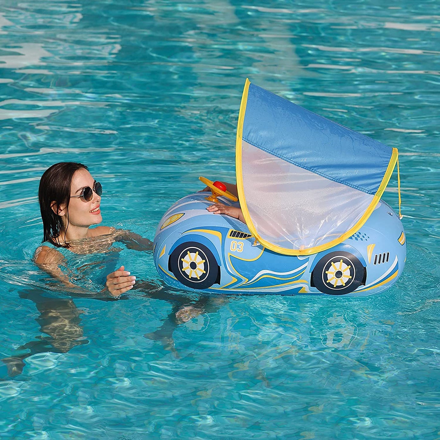 Baby Pool Float with Canopy, PVC Baby Swim Float with Sun Shade Cover, 3D Car Toddler Pool Float Swimming Floats Seat Boat for 12-18, 12-24 Months, Age 2-3, 1-4 Years (Blue Canopy)