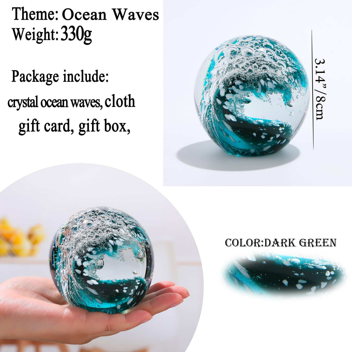 Qianwei Hand Blown Glass Figurines Ball Ocean Waves,Paperweight Glass Ball,Home Decor Collectible,Aquarium Decor,Office Decor Ocean Lovers
