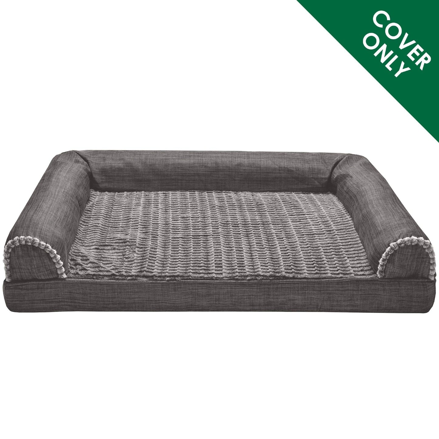 Furhaven Replacement Dog Bed Cover Luxe Faux Fur & Performance Linen Sofa-Style, Machine Washable - Charcoal, Jumbo Plus (XX-Large)