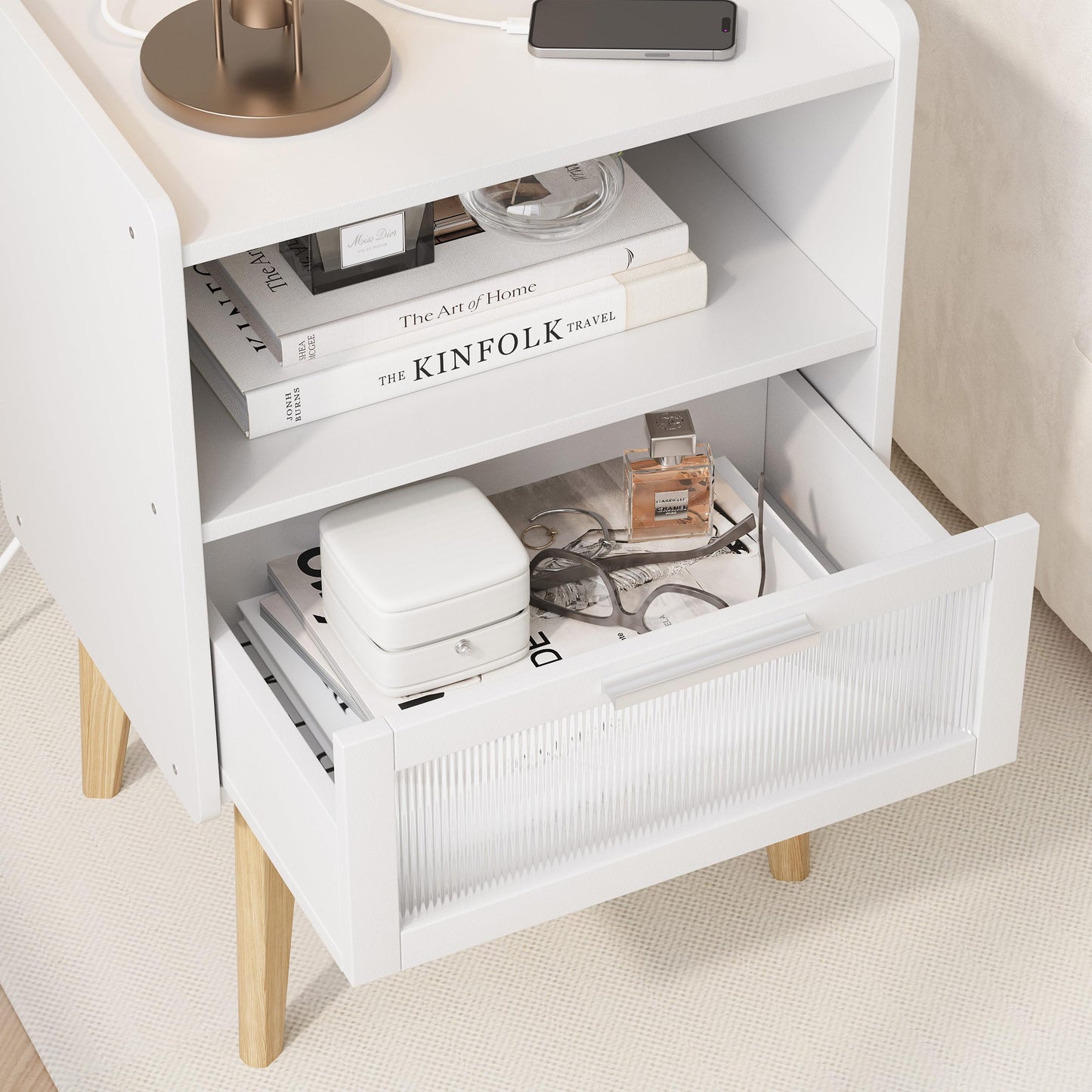 Nightstand with Charging Station, Bedside Tables with Glass Decorative Door, End Table Side Table with 2 Tiers Storage Space, for Bedroom, Living Room, White CAMLBZ07WE