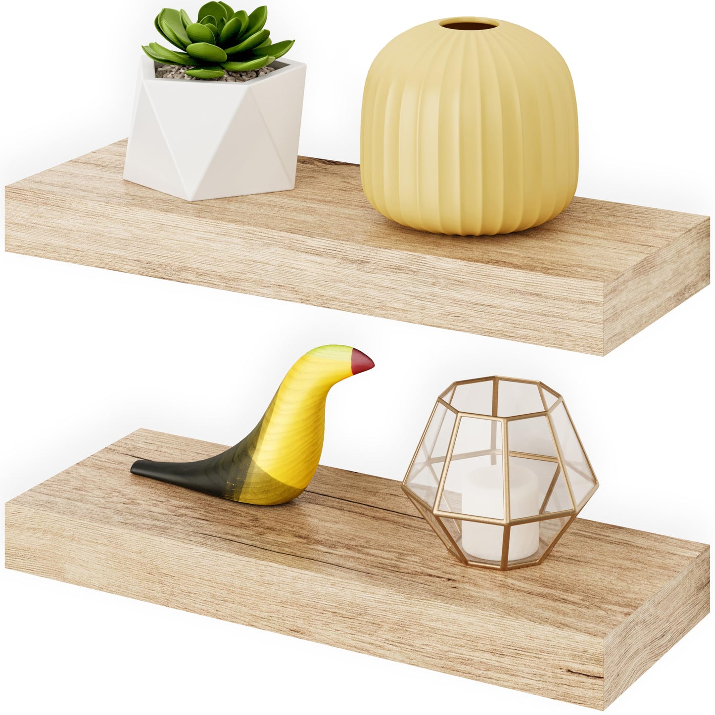 Ballucci Floating Shelves, 16" Wood Wall Shelf Set of 2, Invisible Brackets Floating Shelf Bathroom Wall Decor, Living Room, Bedroom, Kitchen, Nursery, 6" Deep, Natural Oak