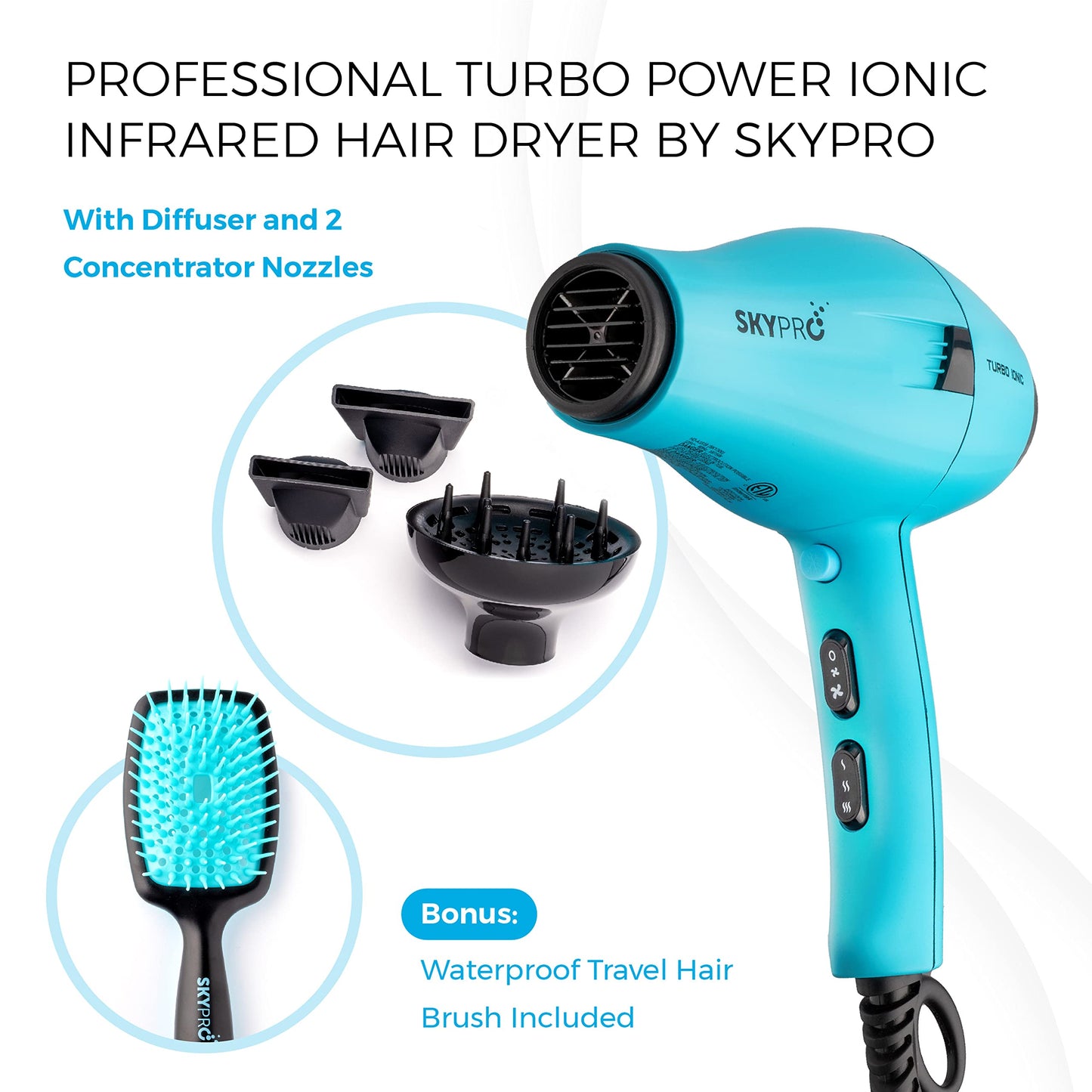 Professional Series Salon Hair Dryer with Diffuser by SKYPRO | Ionic Blow Dryer for Women |Small, Quiet, Lightweight, Compact | 1875 Watts Fast Salon-Grade Drying Power with Anti-Frizz Ionic Generator