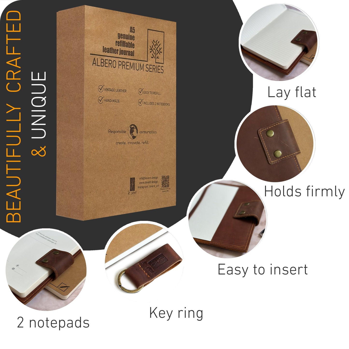 Albero Genuine Leather Refillable Journal for Men & Women - 5x8 Vintage Brown Handmade Leather Cover, 200+200 Lined & Unlined Pages (100gsm) - A5 Notebook Travel, Engineering, Executive & Writers Use