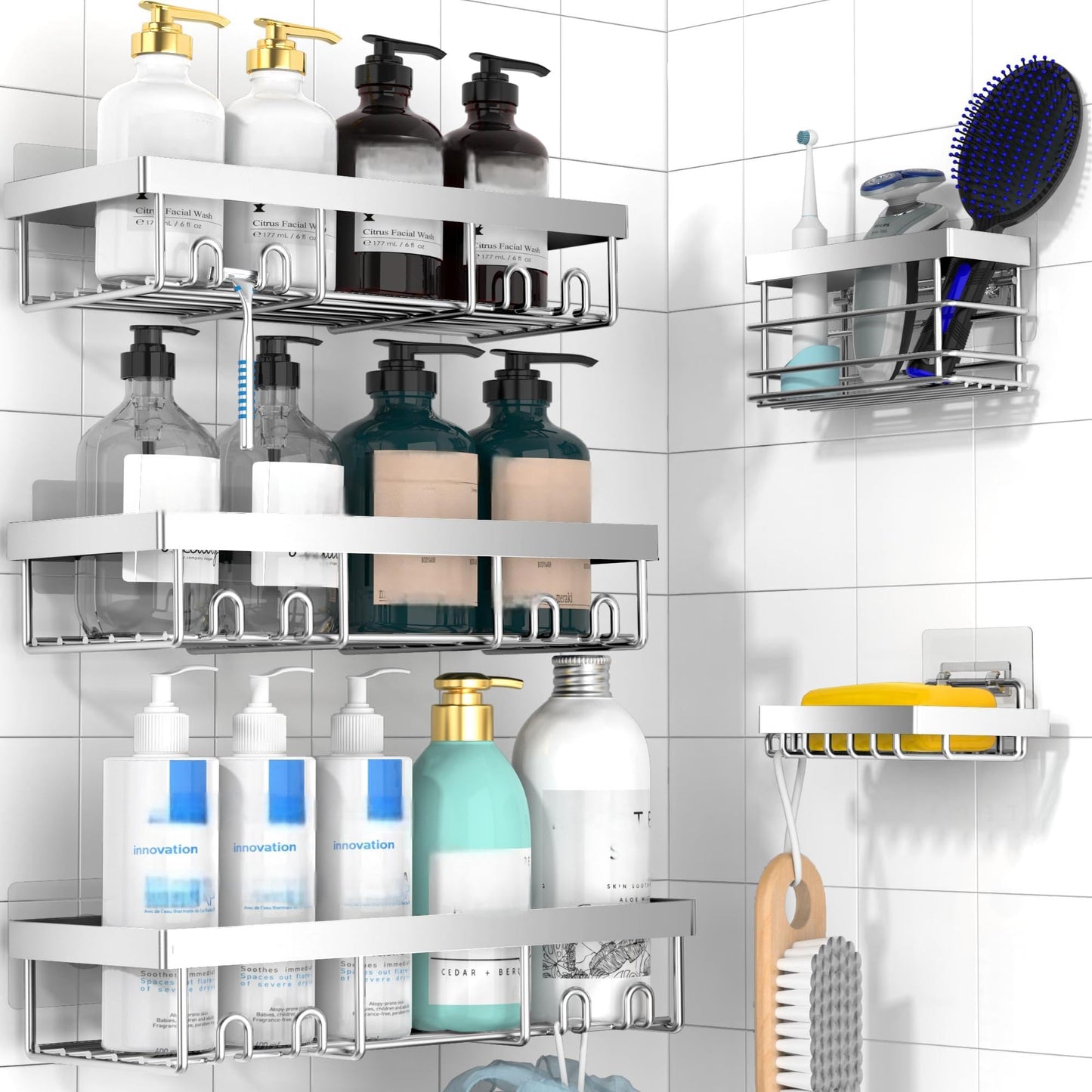 Moforoco Shower Caddy Shelf Organizer Rack, Self Adhesive Black Bathroom Shelves Basket, Home Farmhouse Wall Shower Inside Organization and Storage Decor Rv Accessories, First Apartment Essentials
