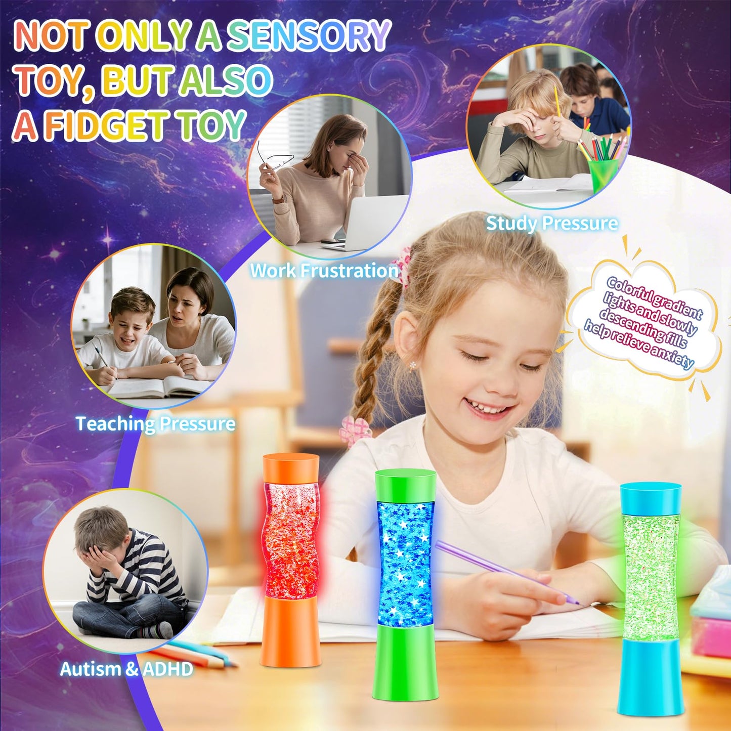 Subao 3 Pack Sensory Toys, Light-Up Sensorys Fidget Tubes Toy for Autism & ADHD, Autism Sensory Products, Autistic Claming Fidget Toys, Anxiety Stress Relief Gifts for Kids Teenagers Adults Boys Girls