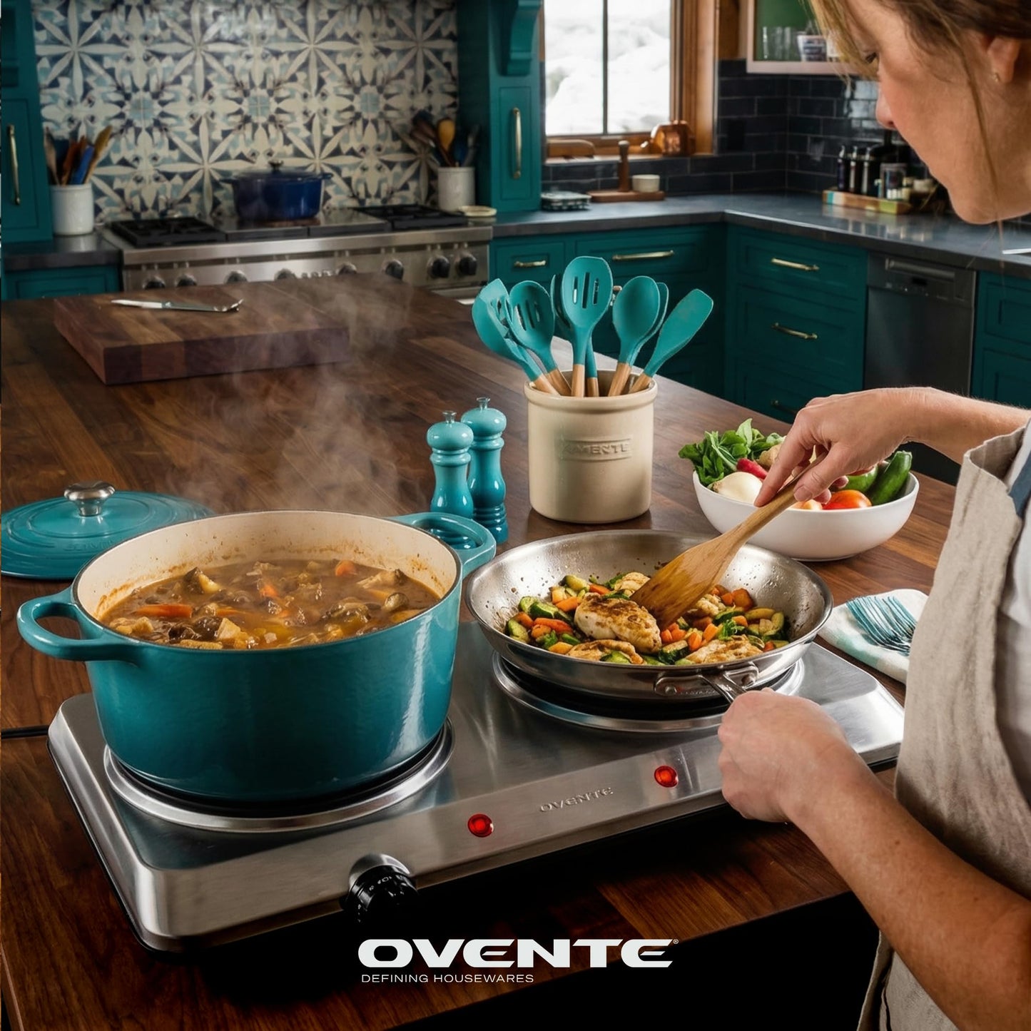 Ovente Countertop Infrared Burner – 1500 Watts – Ceramic Double Plate Cooktop with Temperature Control, Non-Slip Feet – Indoor/Outdoor Portable Electric Stove – Brushed Stainless Steel (BGI202S)