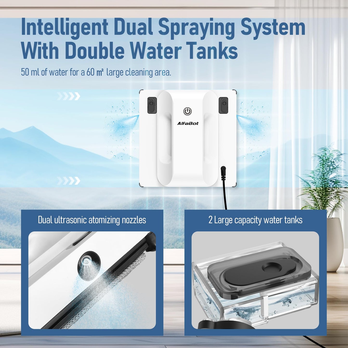 AlfaBot GLS400 Window Cleaning Robot, Intelligent Glass Cleaner with Dual-Sided Water Spray, 50ml Tank, Smart Cleaning for Interior & Exterior High-Rise Windows