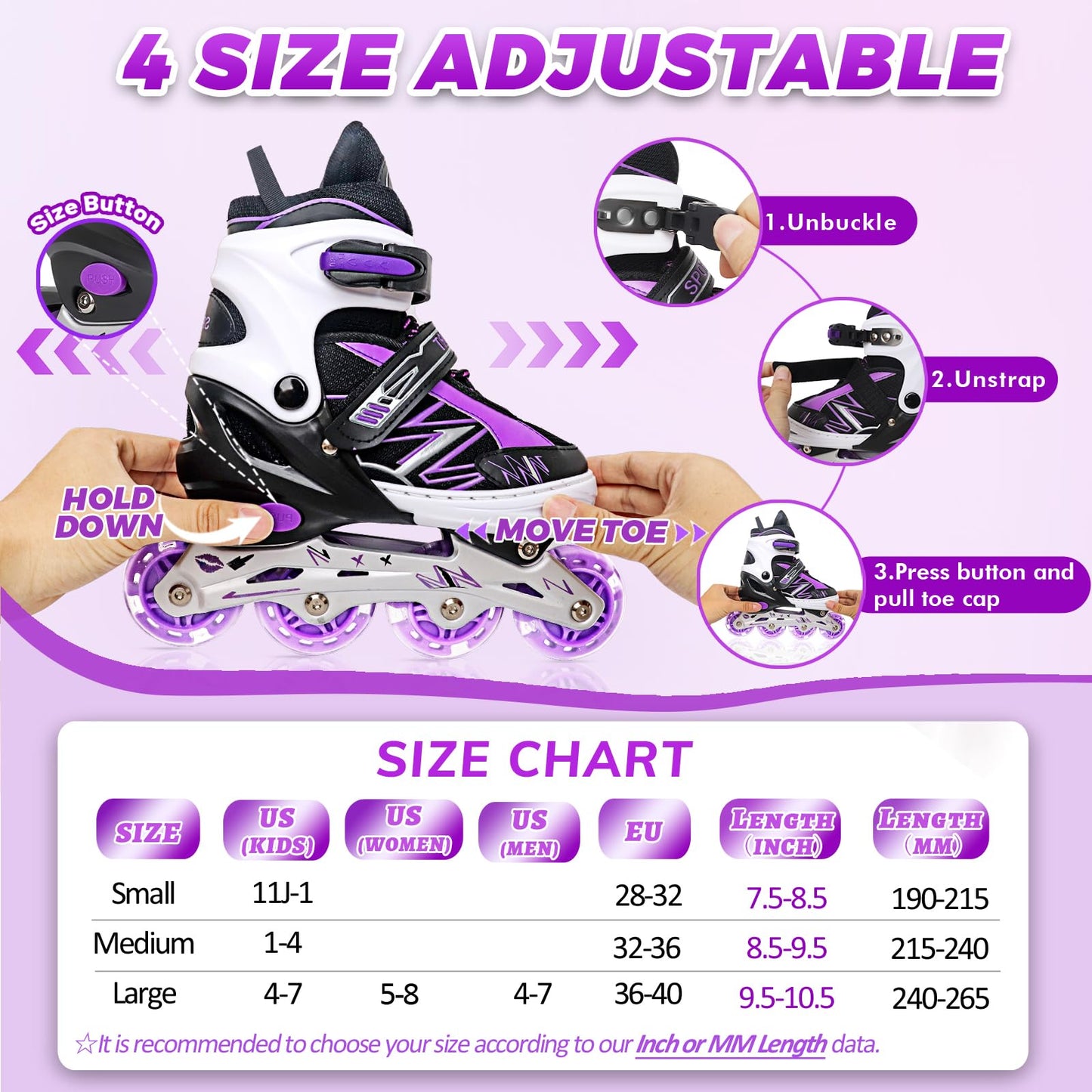 Adjustable Kids Inline Skates for Girls Boys Children Beginners, Black & Purple Inline Skates with Light Up Wheels for Kids and Youth for Sports (Medium)