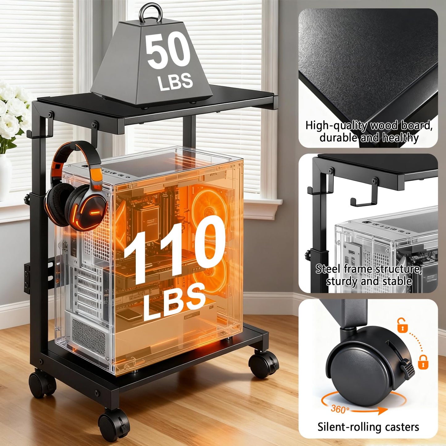 SWOK Adjustable Computer Tower Stand for Gaming & Office, CPU Stand with Mobile Wheels & Mouse Pad, Desktop Computer Stand for Floor, 24.6-28.7 Inches Tall, Computer Carts
