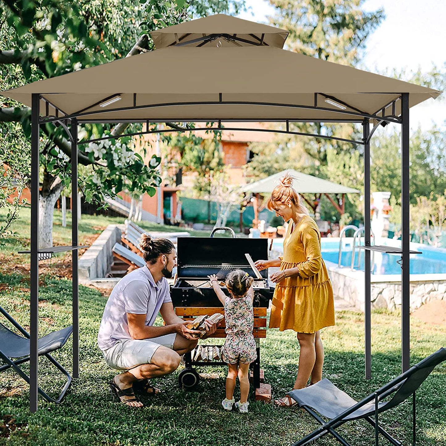 Tanxianzhe Grill Gazebo Replacement Canopy Top Cover 5×8 Double Tiered BBQ Roof ONLY FIT for Gazebo Model L-GG001PST-F (Khaki)
