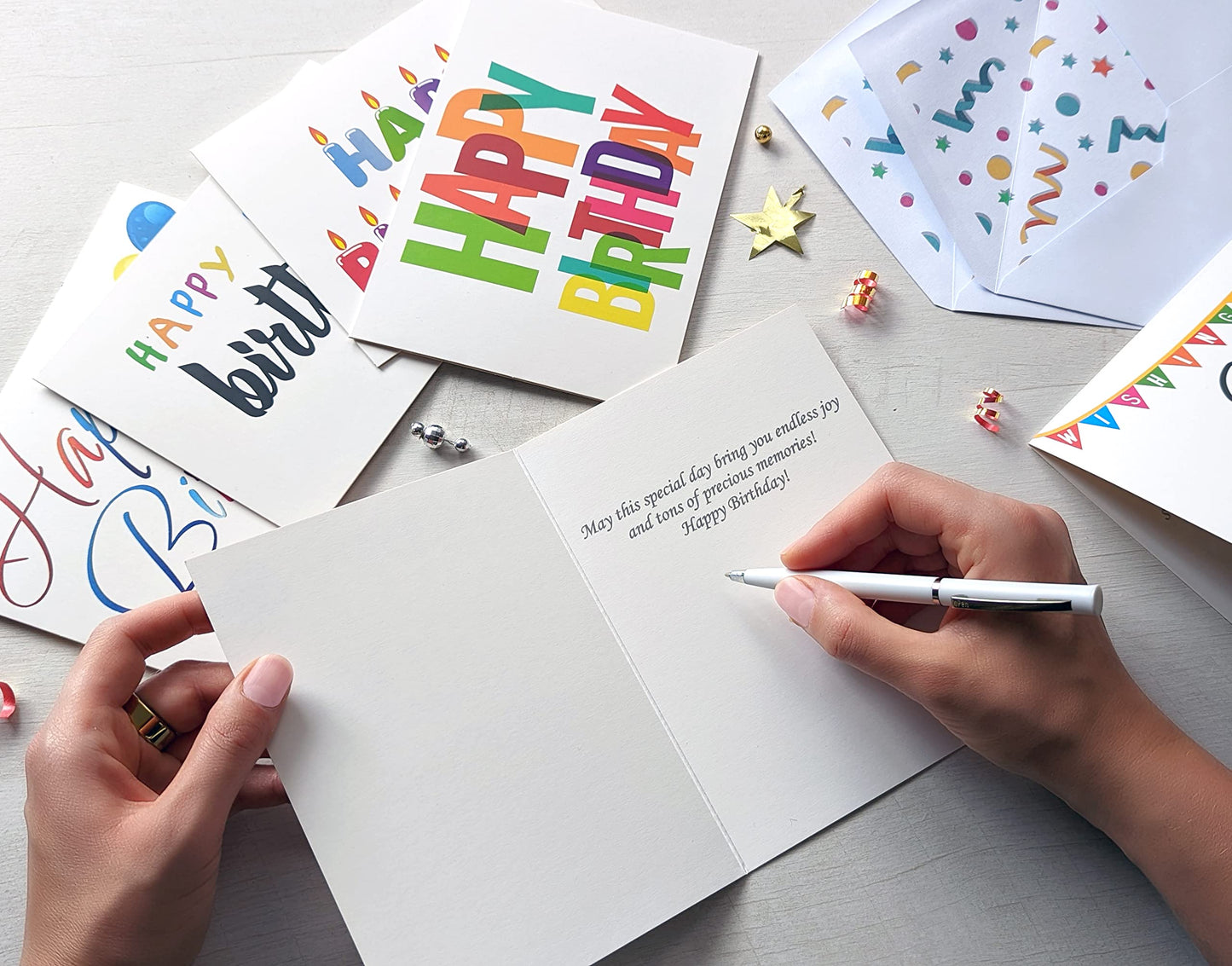100 Happy Birthday Cards, Large Assorted Greeting Notes with Envelopes and Stickers, 10 Unique Designs, 5x7 Inch, Thick Card Stock Bulk Box Set