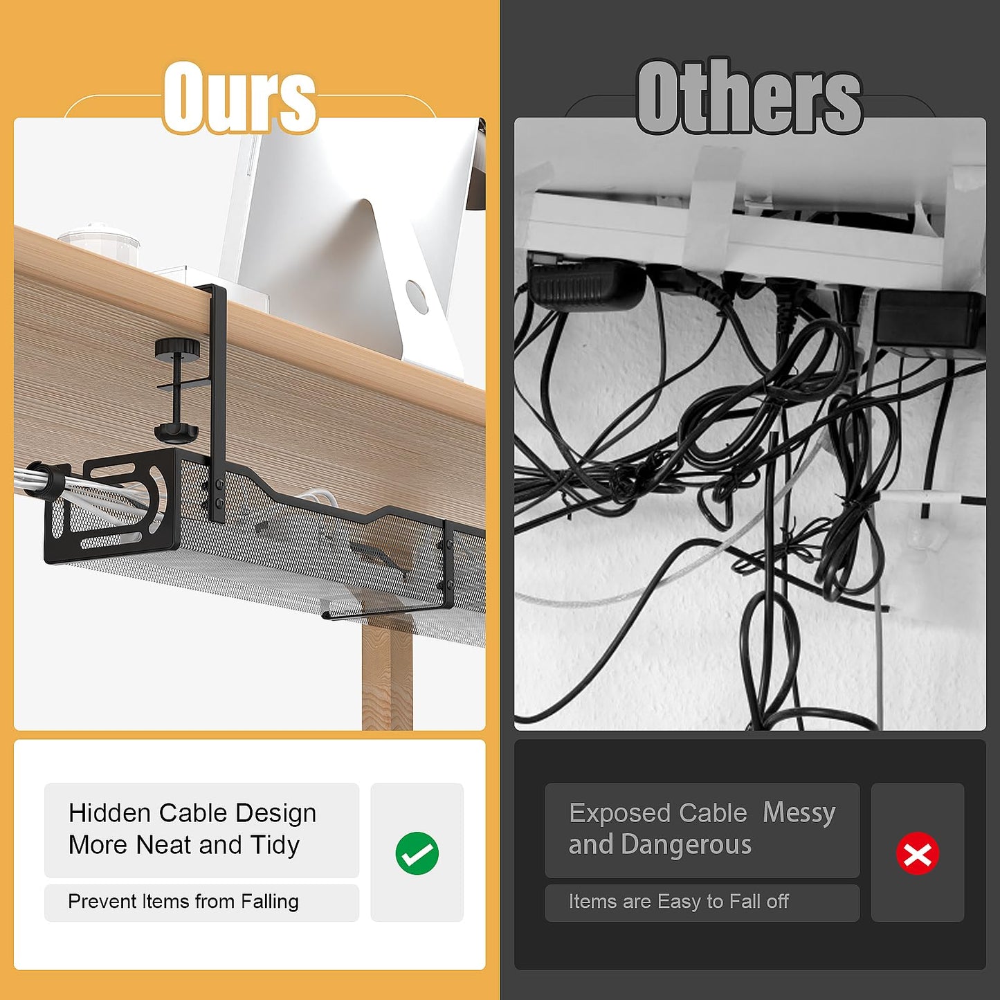 Extended Length Under Desk Cable Management Tray No Drill, Metal Mesh Cable Tray with Clamp for Desk Wire Management, Desk Cable Management Box and Cord Organizer for Office, Home