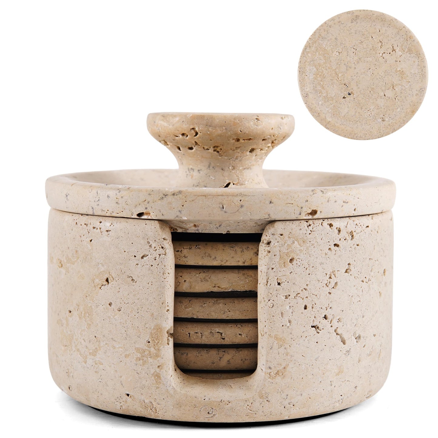 Earthen Crafts Travertine Marble Coasters with Holder Lid for Drinks 3.5 Inch Stone Drink Coaster Set of 6, Ideal for Patio, Living Room & Kitchen Decor