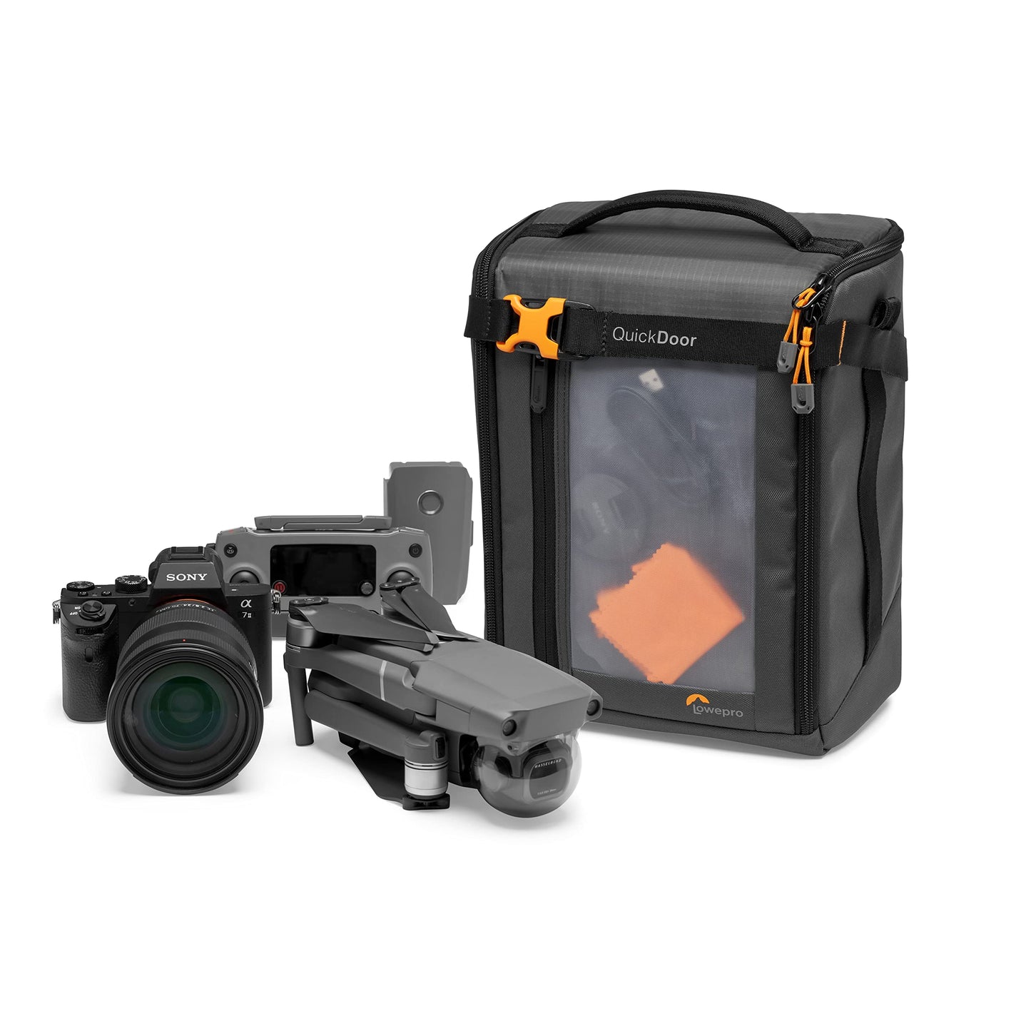 Lowepro GearUp Creator Box Extra Large II, Mirrorless and DSLR Camera Bag, Camera Case with QuickDoor Access, Made with Recycled Fabric, Orange Padded Interior Dividers, Grey