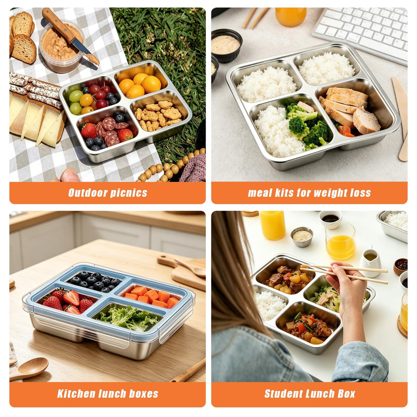 WOODOUNAI 3 Pack Stainless Steel Snack Containers with Lids, 4 Compartment 24.3 Oz Easy Open Leak Proof Stainless Steel Lunch Box, Reusable Snack Box Container for Meal Prep School Picnic Travel