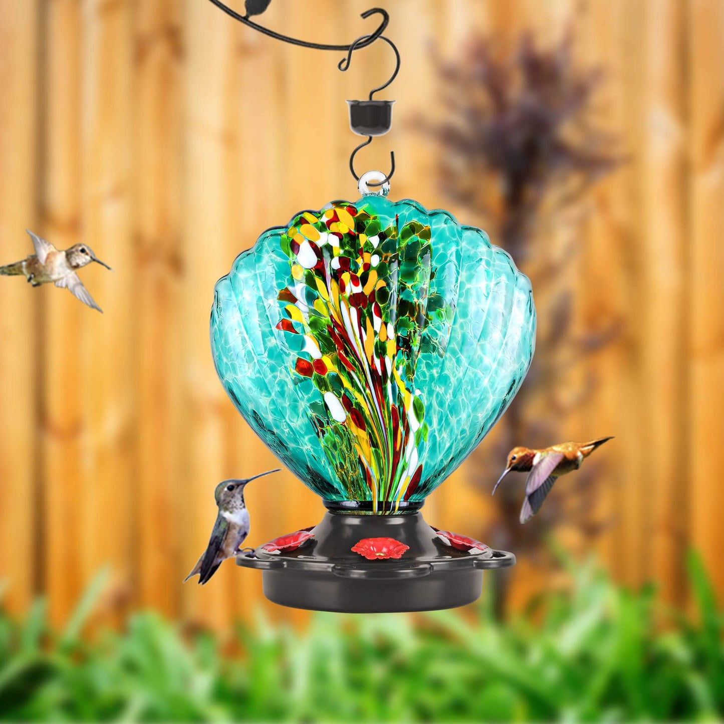LUJII Seashell Shaped Hummingbird Feeder for Outdoors Hanging, Hand Blown Glass, Metal Base Cover, No Leak, 25 fl.oz, Unique Art Glass for Backyard & Outside Decor, Great Gift for Bird Lover, Teal