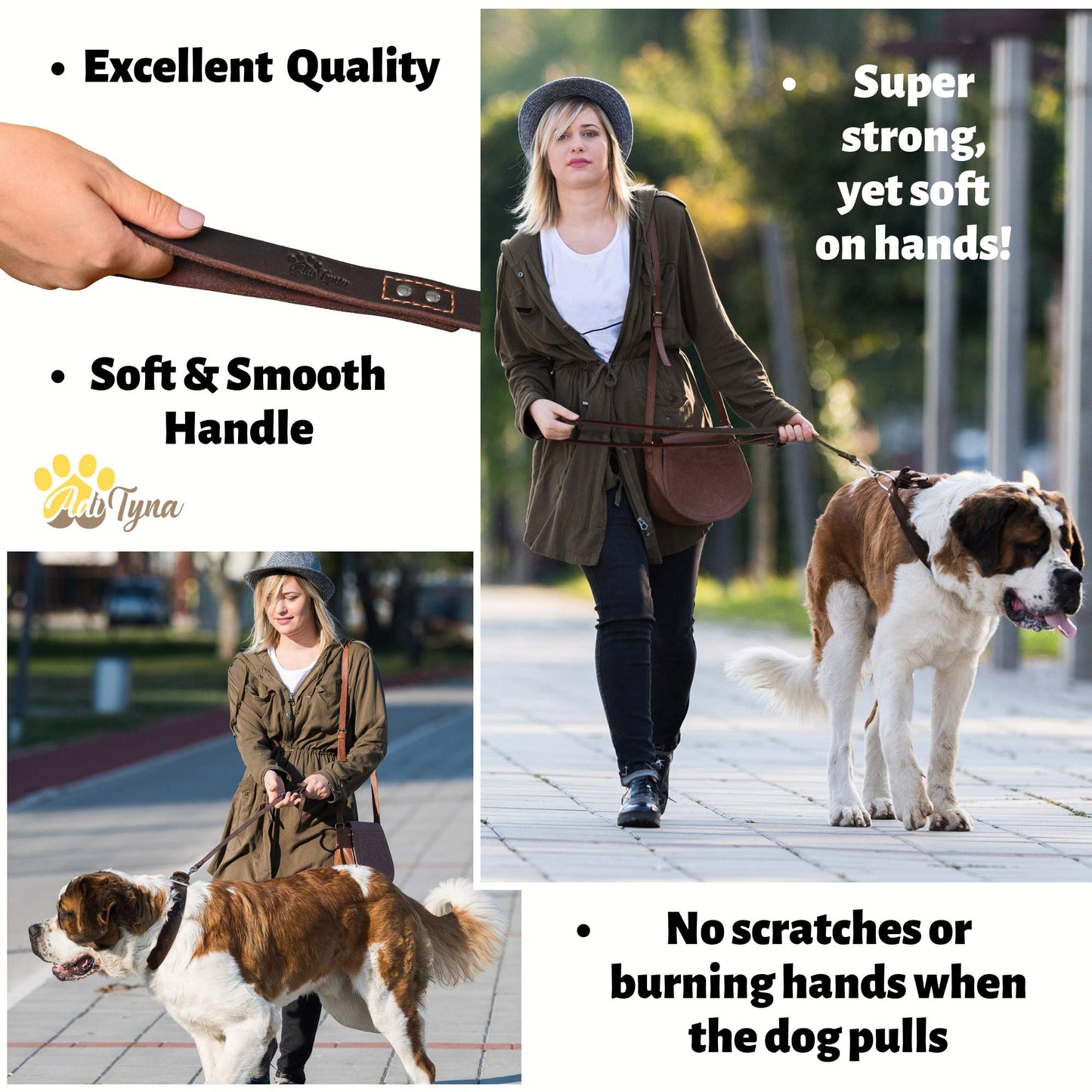 ADITYNA Leather Dog Leash 6ft - Dog Training Leash for Small, Medium, Large, and Extra-Large Dogs - Laisse Pour Chien (Brown, Extra-Large Dogs: 6 ft x 1")
