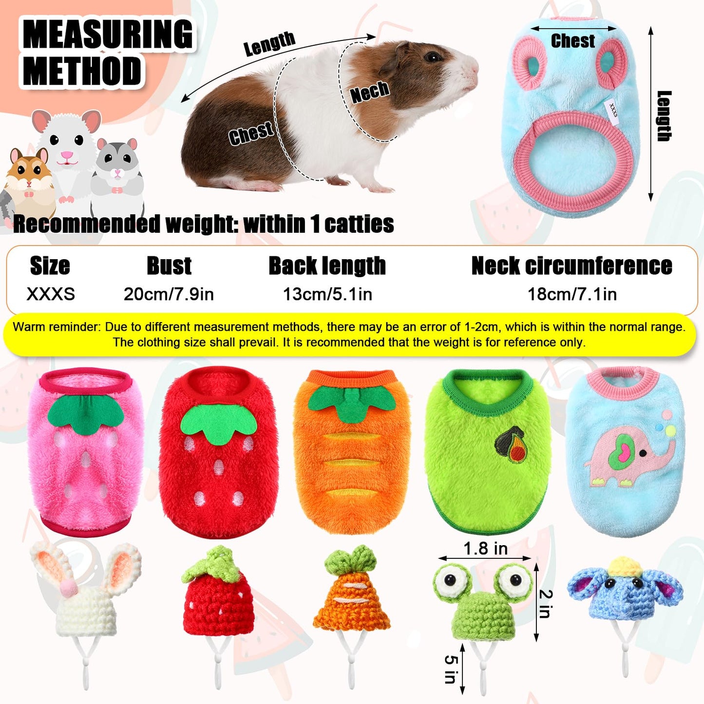 Clysee 10 Pcs Guinea Pig Clothes Set, 5 Guinea Pig Costume Outfit, 5 Cute Mini Hat with Adjustable Strap Small Animal Warm Vest Sweater Cozy Hand Knitted Hat for Hamster Bunny(Fresh Style)