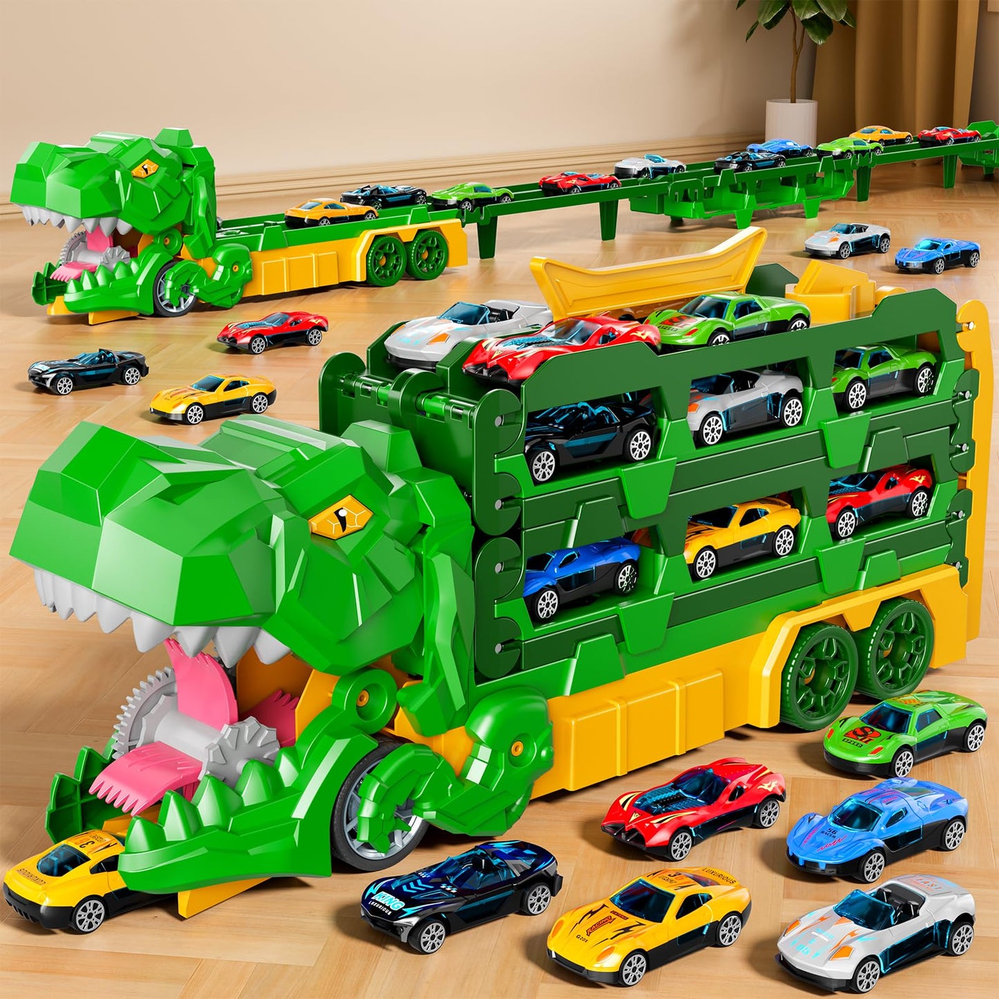 Ci vetch Dinosaur Race Track Toys for Ages 3-4 4-6, 59-inches Transport Dinosaur Truck with 12 Die-cast Cars, Carrier Truck Toy Birthday Gifts Toys for 3 4 5 6 Year Old Boy