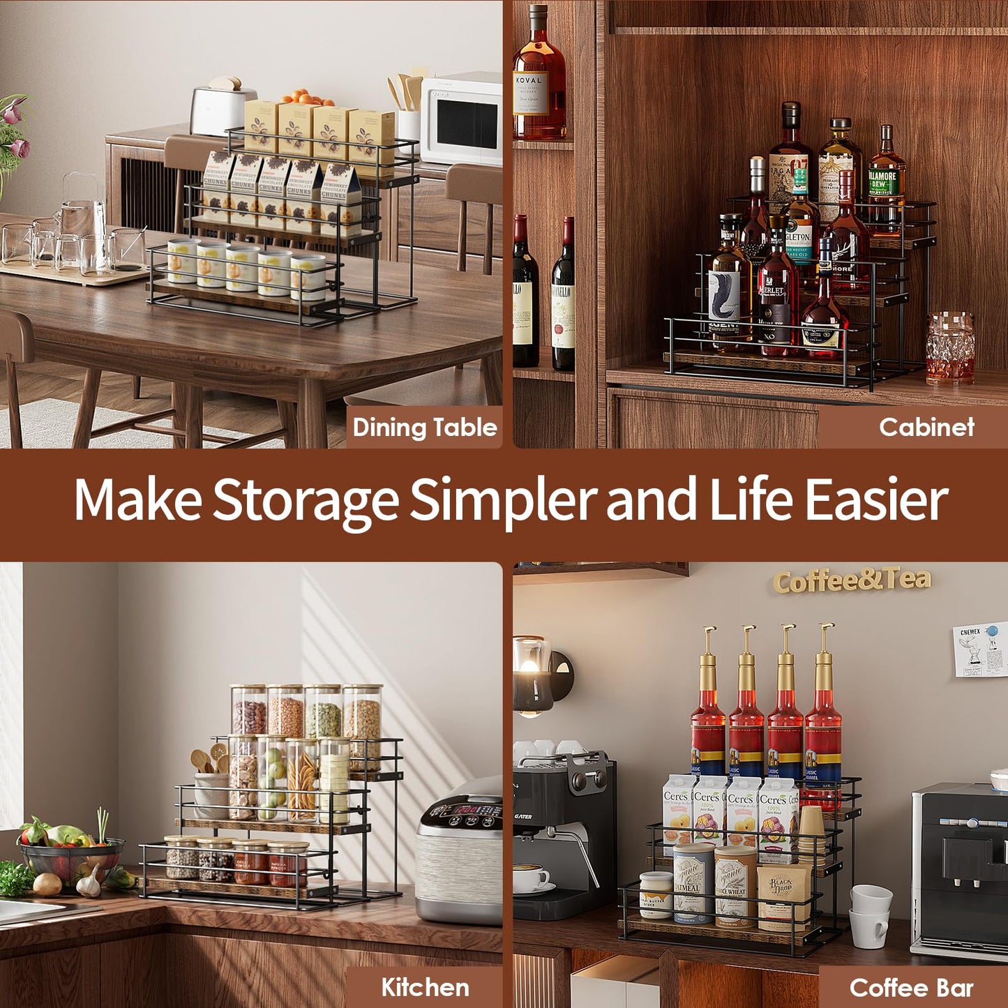 Nuovoware Coffee Syrup Organizer, 3-Tier 12 Bottles Separable Metal Rack with Wooden Base Whiskey Wine Dressing for Countertop Kitchen Bar, Black