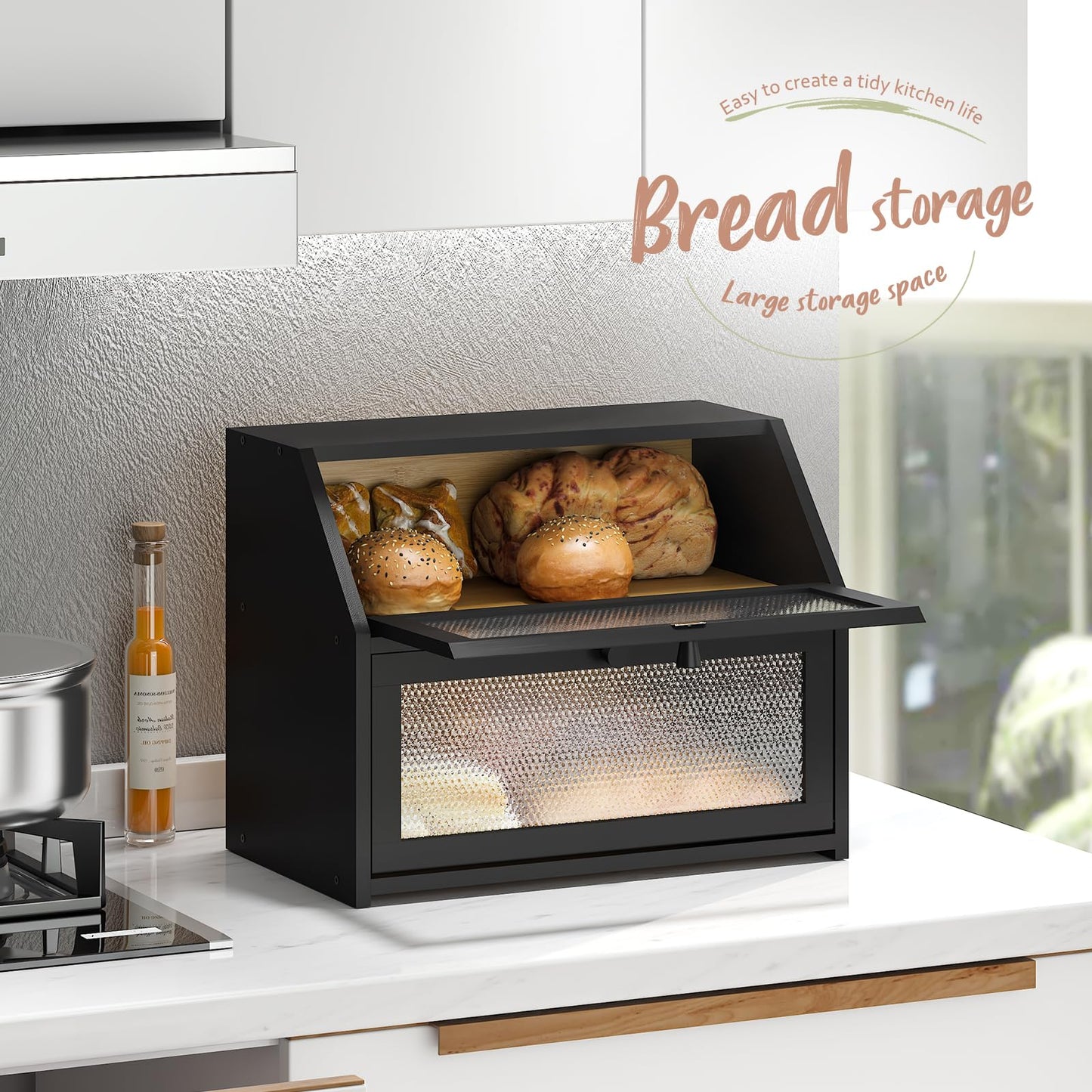 Bread Box for Kitchen Countertop Bin Double Layer Bread Box Storage Container Extra Large Capacity Farmhouse with Diamond Pattern Windows (Black)