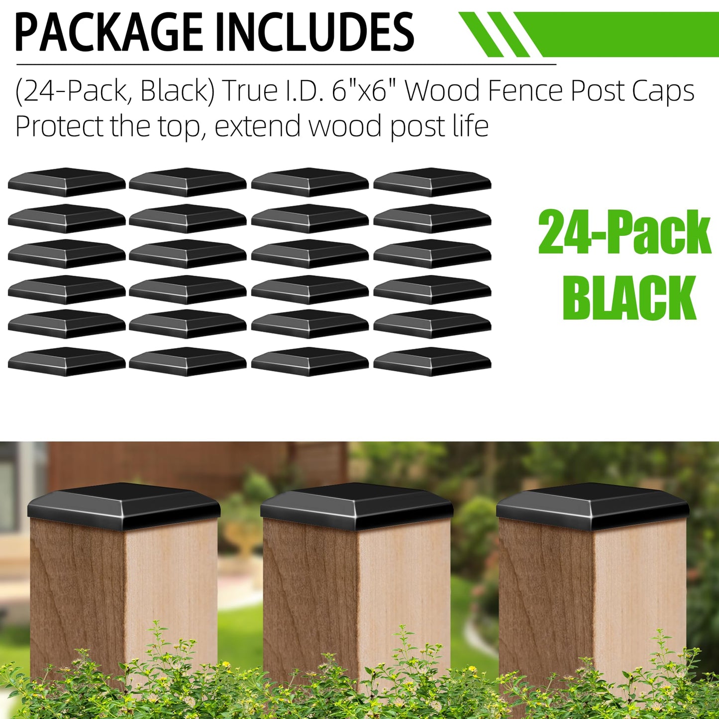 TonGass (24-Pack, Black) True I.D. 6"x6" Wood Fence Post Caps - Wooden Fence Cover Deck Post Cap, Durable Plastic Water-Proof and UV-Proof, Protect Wooden Poles from Cracking and Rotting