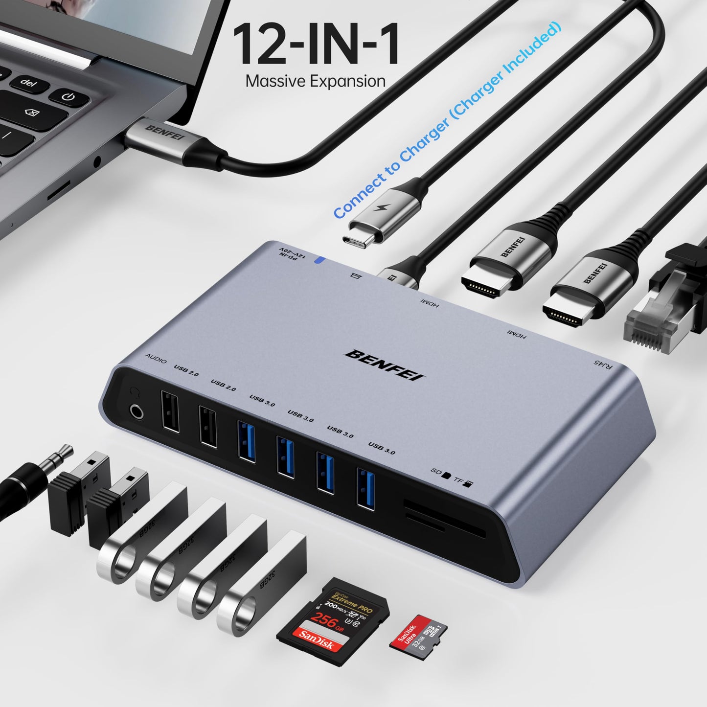 BENFEI DisplayLink 12-in-1 USB 3.0 Universal Docking Station with Dual HDMI Display/6*USB Ports/SD/TF Card Reader/Gigabit Ethernet Network/3.5mm Female Headphone Jack Compatible with Windows and Mac