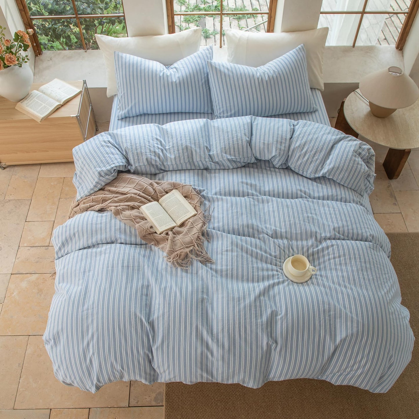 BESTDESIL Luxury 100% Washed Cotton Linen Like Duvet Cover Set,3 Pcs Striped Duvet Cover with Zipper Closure(Strip-Cornflower Blue/White,Full Size)