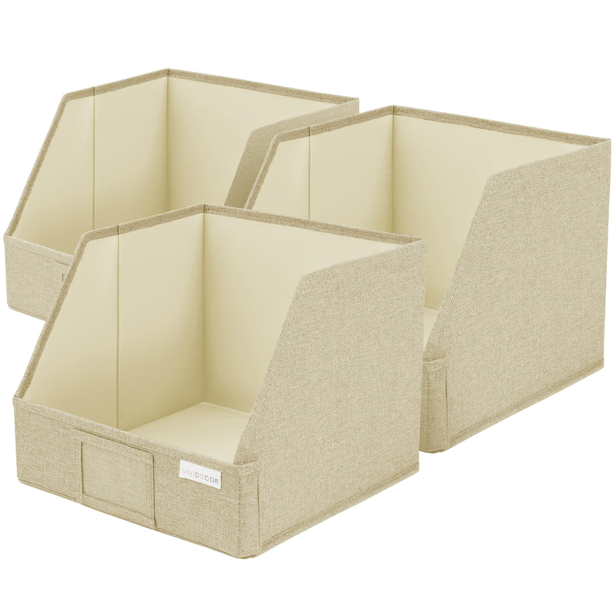 VIVIDECOR Trapezoid Storage Bins – 3-Pack Closet Shelf Organizer & Baskets, Open Front Bin for Shelves, Foldable Fabric Basket for Clothes, Cube Storage Bins, Towel, Clothing Shelf (Beige, 3 Pack)