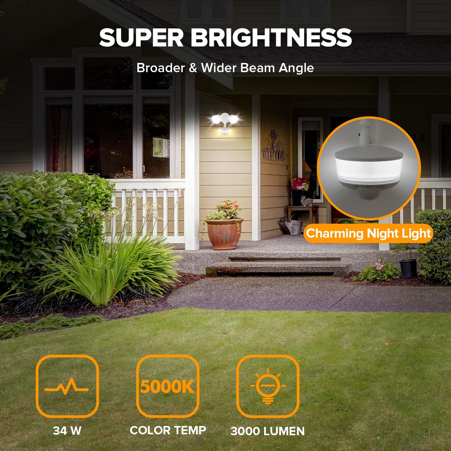 LUTEC 34W 3000 Lumen Motion Sensor Outdoor Lights, 5000K Daylight, IP65 Waterproof Flood Lights Outdoor with Night Light, Dusk to Dawn Motion Detector Security Lights for Outside Garage, Yard-White