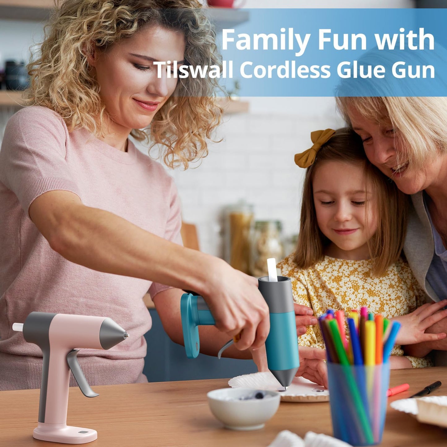 Tilswall Cordless Hot Glue Gun Kit with Hot Glue Sticks, 30s Fast Preheat, USB-C Rechargeable Glue Gun Cordless Design, Mini Hot Glue Gun for DIY Crafts, Home Repairs, School Projects (Blue)