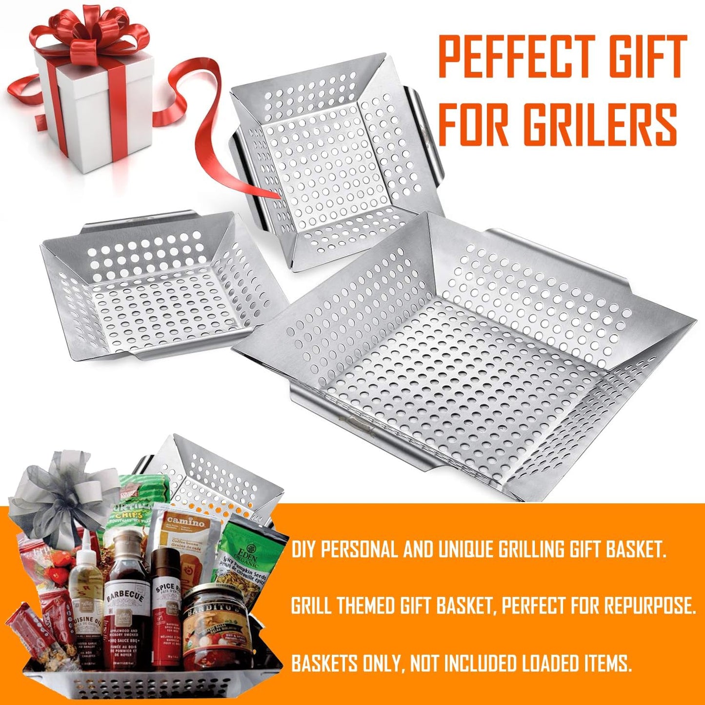 3 Pack Grill Basket Set - Grill Baskets for Outdoor Grill, Heavy Duty Stainless Steel Vegetable Grill Basket, Grilling Basket for Veggie & Kabob, 5-Star Grilling Accessories for All Grills & Smokers