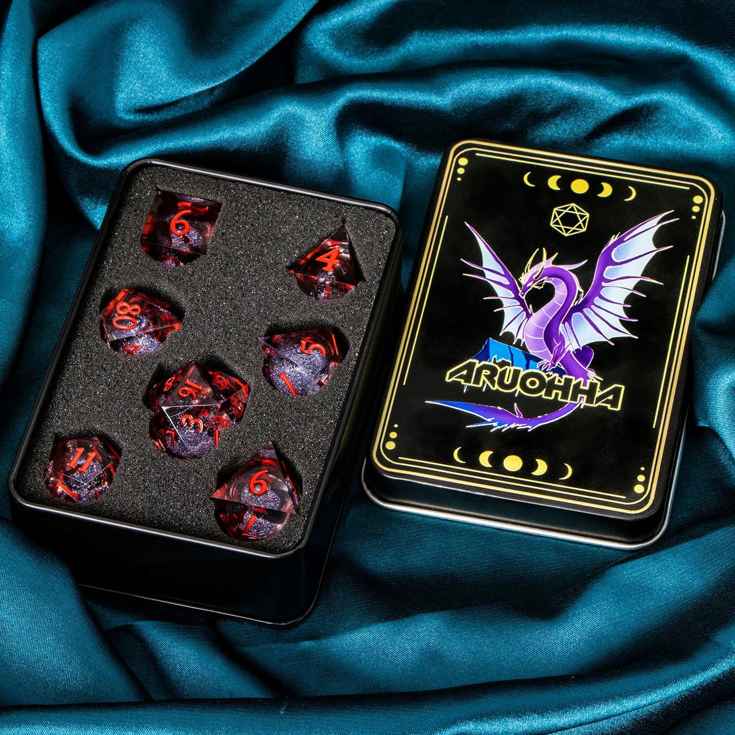 ARUOHHA Liquid Core DND Dice Set Blood Sharp Edged Dragons Dice Compatible with D&D RPG Role Playing Game, Handmade Resin Blood Red Dungeons Polyhedral Dice with Gift Box, D20 D12 D10 D8 D6 D4