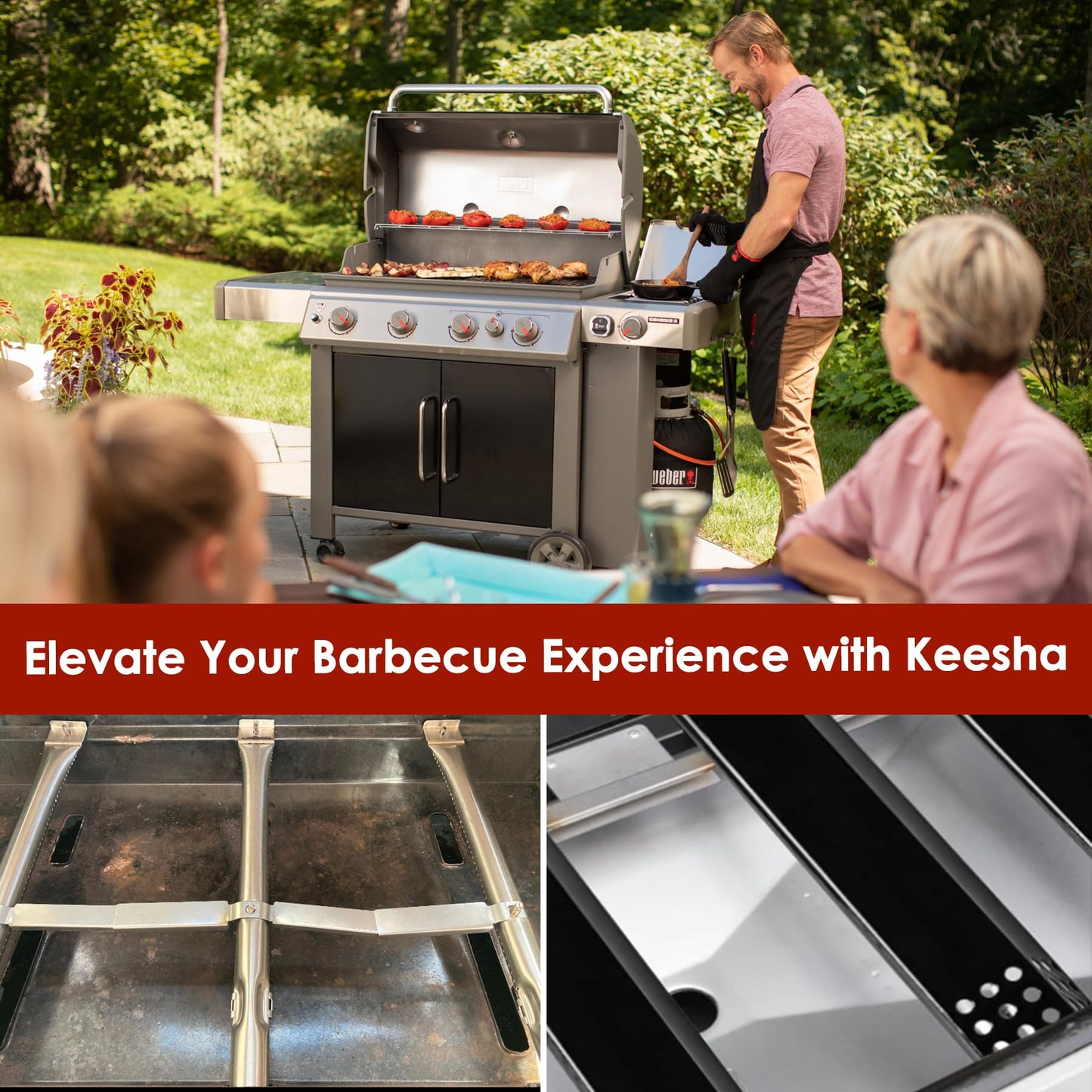 KEESHA Grill Replacement Parts Kit with Porcelain Steel Heat Shield, Stainless Steel Grill Burner Tube, Adjustable Carryover Tube For Charbroil and Master Chef 85-3044-6/85-3045-4/E480/E500 Gas Grills