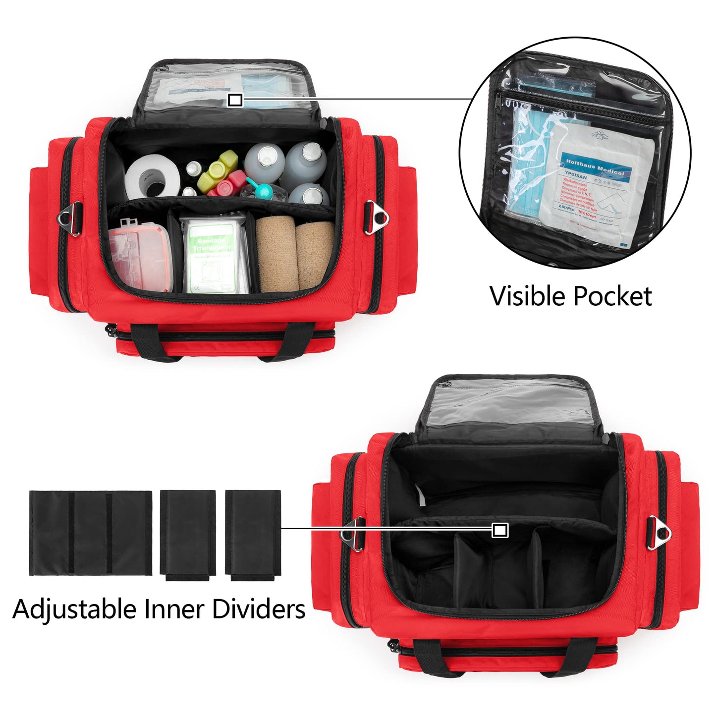 Damero Medical Trauma Bag, Medical Supplies Bag Empty with Detachable Dividers, Ideal for Nurse, Physical Therapists, Doctors, Red