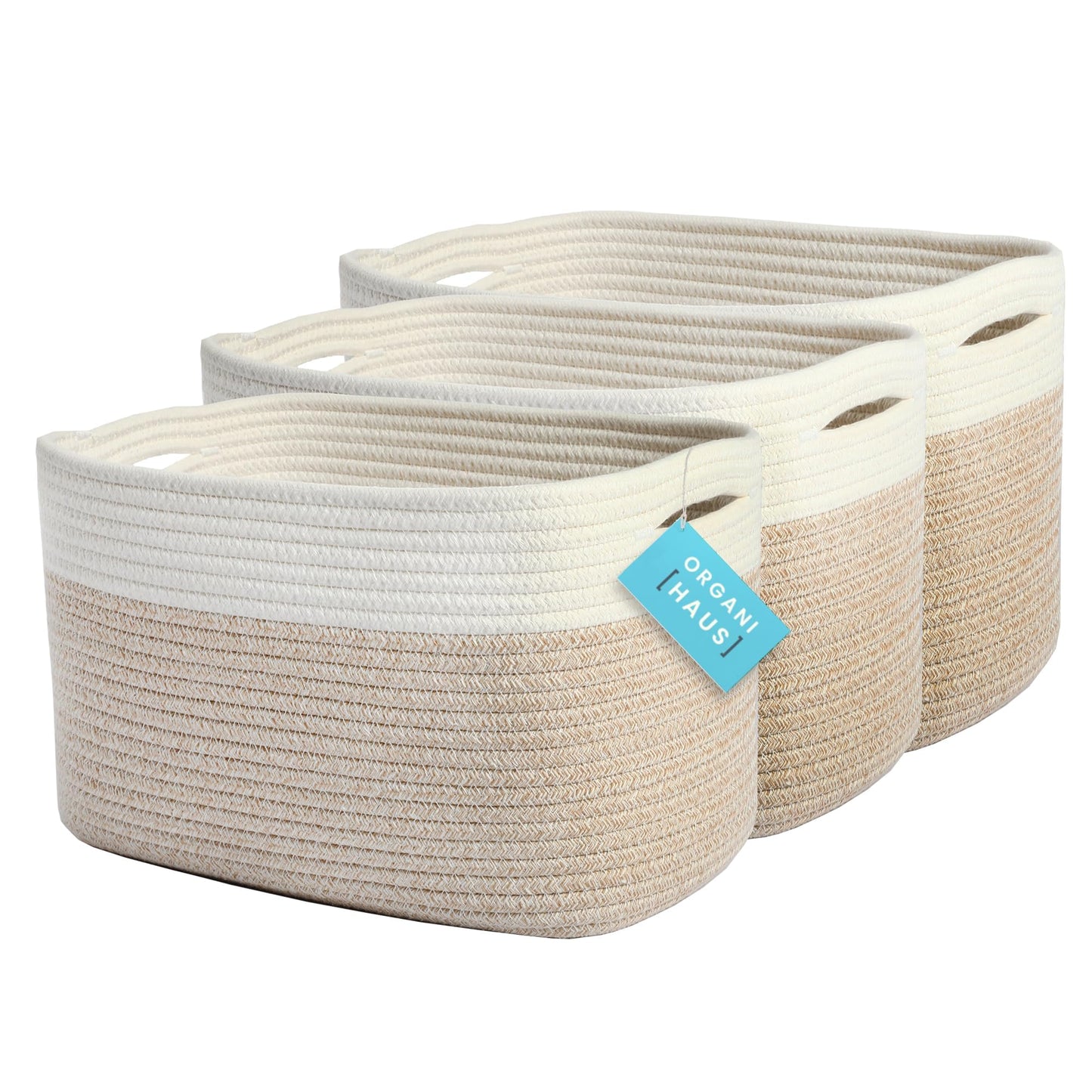 OrganiHaus Soft Woven Baskets for Storage Organization Set of 3, Cotton Rope Storage Baskets for Shelves, Square Book Bins, Bathroom Towel Hamper, Panier Rangement - Light Honey