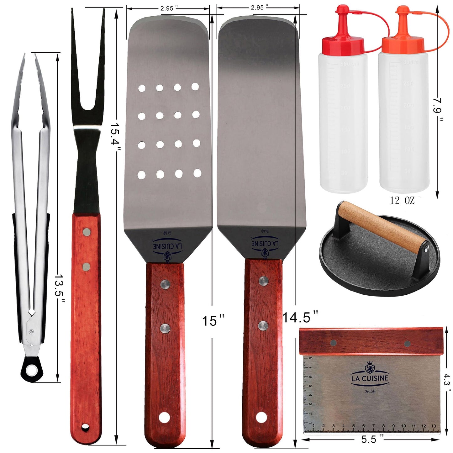 La Cuisine 8 PCs Flat-Top Griddle BBQ Accessories Kit Including Solid & Perforated Spatulas, Fork, Tong, Cast Iron Meat Press, Condiment Squeeze Bottles for Grilling Hibachi and Teppanyaki Cooking