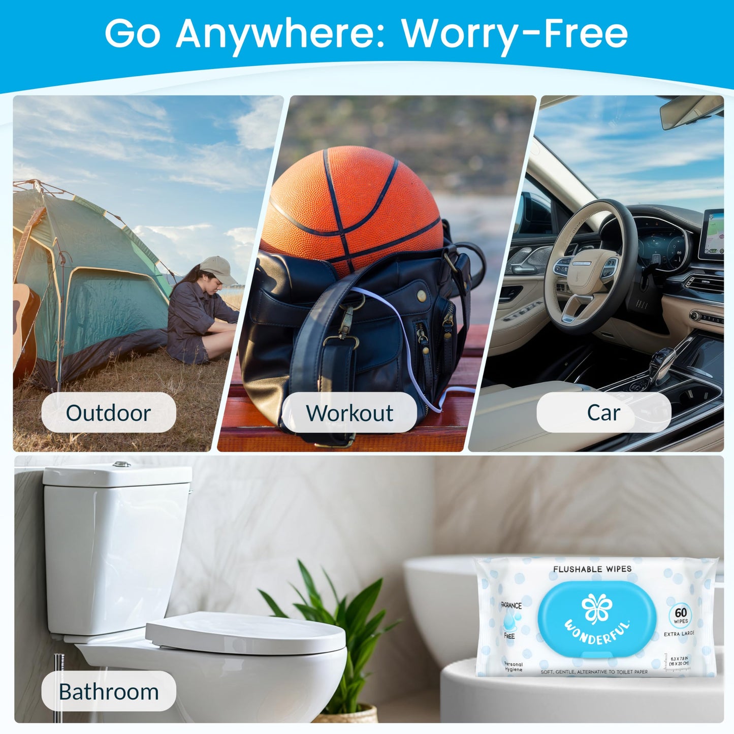 WONDERFUL Flushable Wipes, Unscented 100% Plant-Based Wet Butt Wipe for Adults & Kids, Sewer Septic Safe, Gentle for Sensitive Skin, Wipes Flushable Pack for Bathroom & Travel, 6-Pack (360 Counts)
