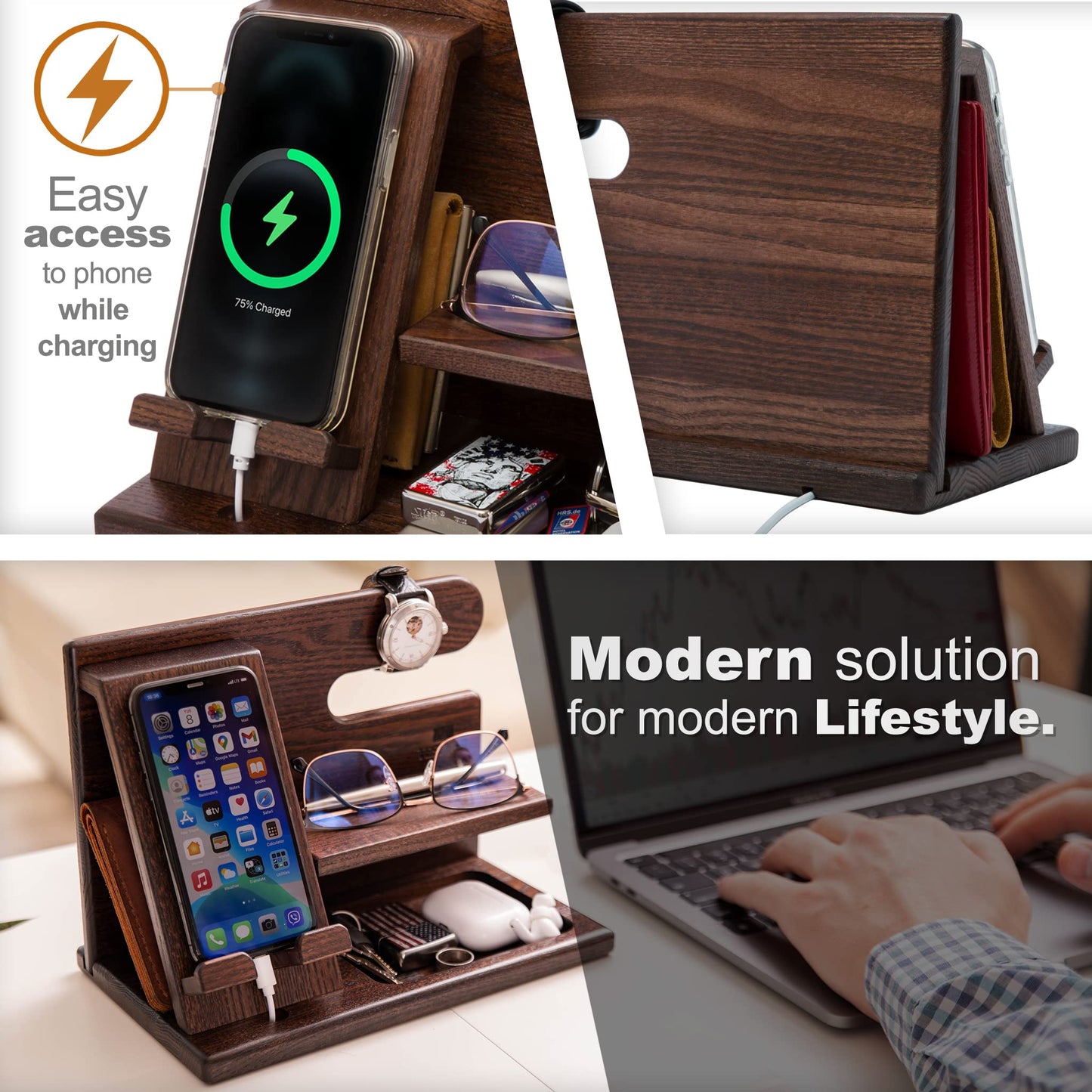 TESLYAR Gifts for Men – Wood Phone Docking Station, Nightstand Desk Organizer, Fathers Gift, Gifts for Dad or for Him, Birthday, Anniversary, Xmas Mens Gift Ideas, Wallet Holder (Bourbon Brown)