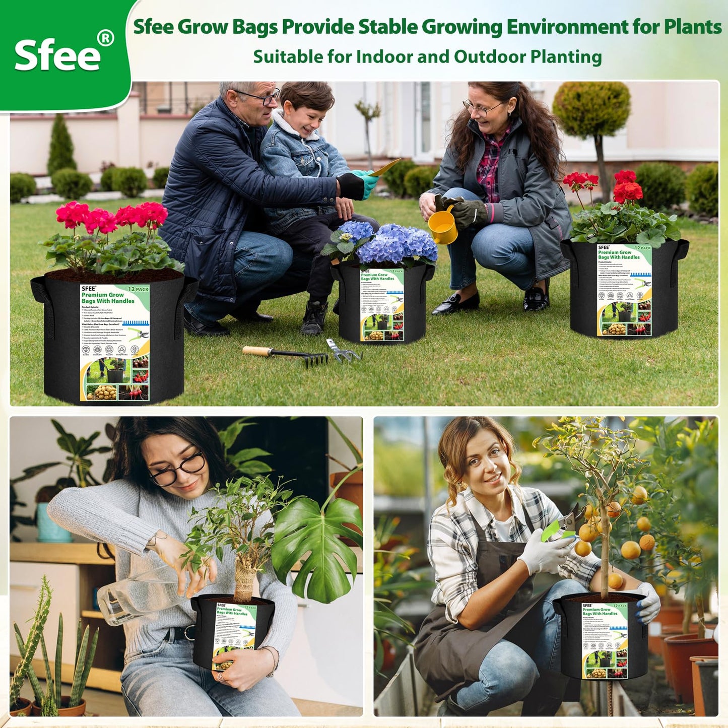 Sfee Grow Bags 12 Pack 7 Gallon Potato Grow Bags, 300G Thickened Nonwoven Fabric Pots with Durable Handles Garden Bags for Vegetable Plants Flower Garlic Fruits+12 Plant Labels+1 Pruning Scissors
