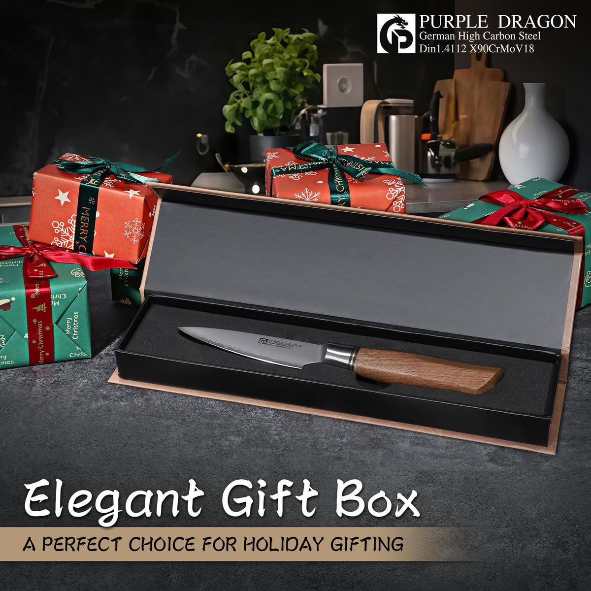 Purple Dragon 3.5 Inch Paring Knife, Small Kitchen Cutting Fruit Knife, German Vg10 Steel Ultra Sharp Blade Ergonomic Wooden Handle, Gift Box