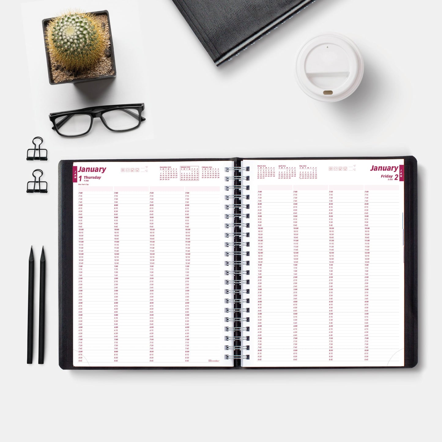 Brownline® 2026 Essential Daily Professional Planner, Four-Person Appointment Book, 12 Months, January to December, Twin-Wire Binding, 11" x 8.5", Black (CB960.BLK-26)