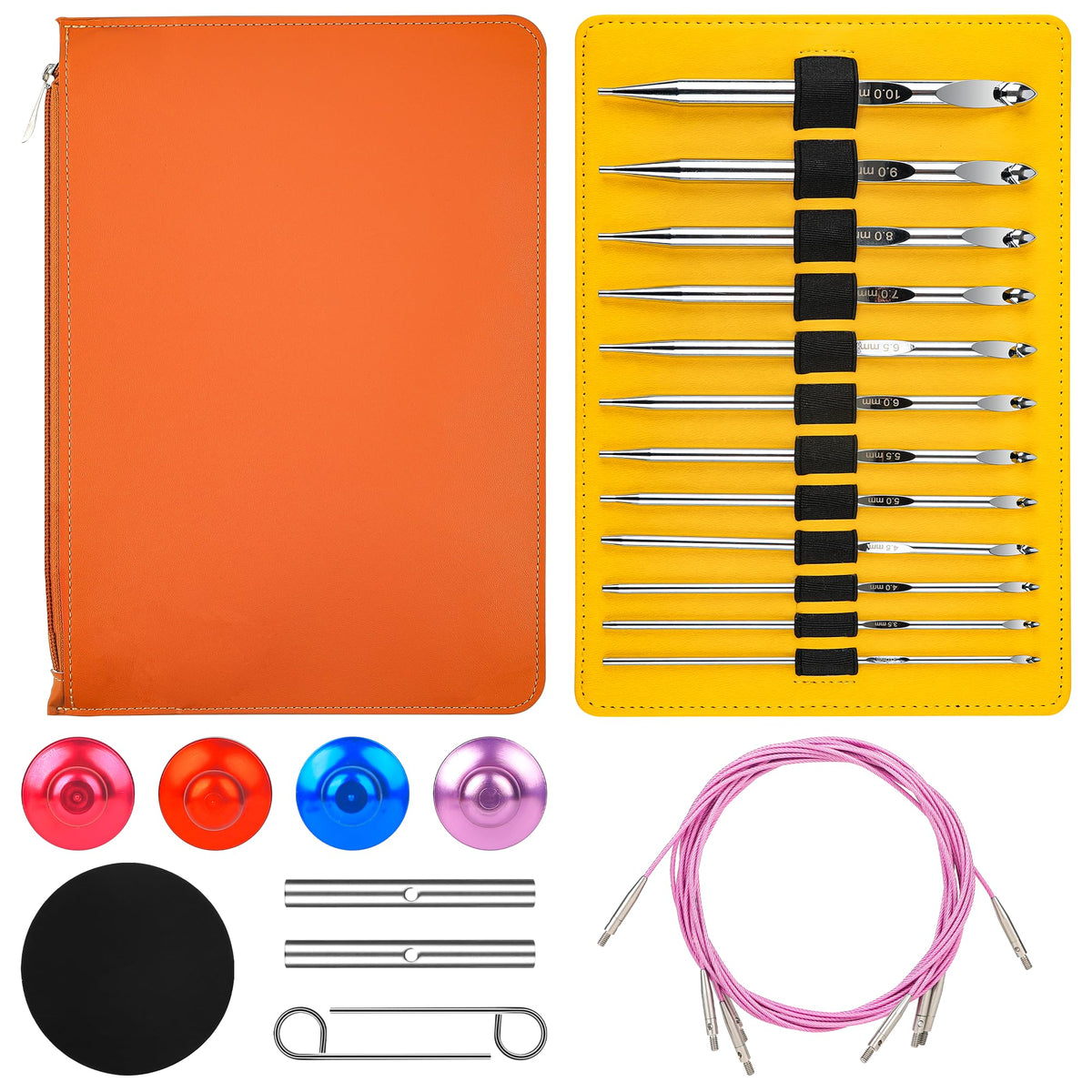 Tunisian Crochet Hooks Set with Cable, 26PCS Interchangeable Aluminum Crochet Hooks 3mm-10mm, Long Crochet Hooks, Anti-Twist Swivel Cables, Ergonomic Lightweight Crochet Hook Set with Case