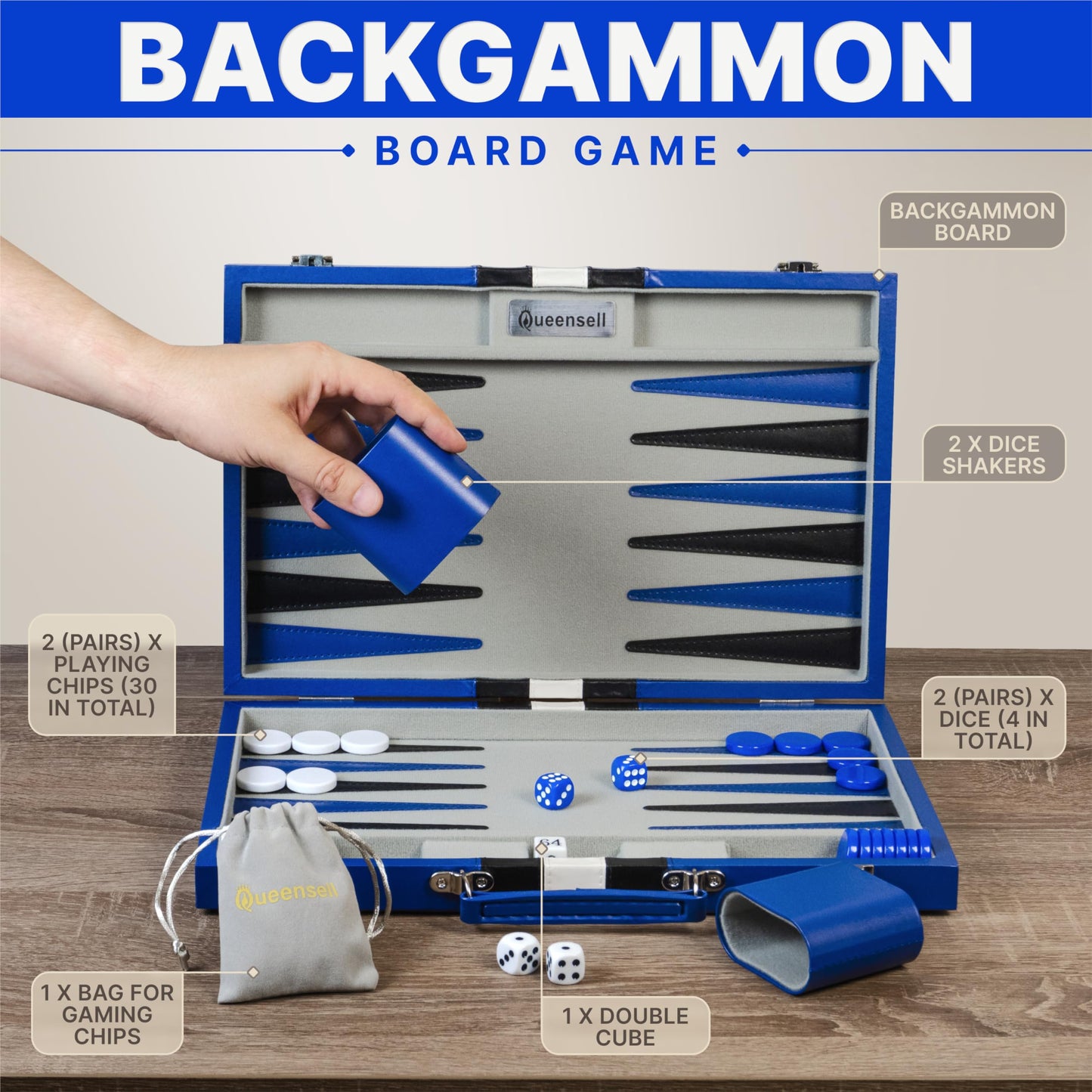 Backgammon Sets for Adults – 15-Inch PU Leather Board Game – Classic 2-Player Travel Backgammon Set with 32 Playing Pieces, Dice, and Cups