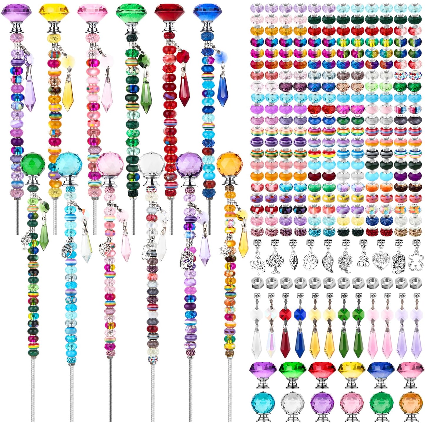310Pcs DIY Fairy Wand Beaded Garden Stakes Kit, Fairy Wands Kit with Sparkling Crystal Pendants, Suitable for Different Holidays Garden Stakes Decorative Outdoor Beadable Items(10&12IN)