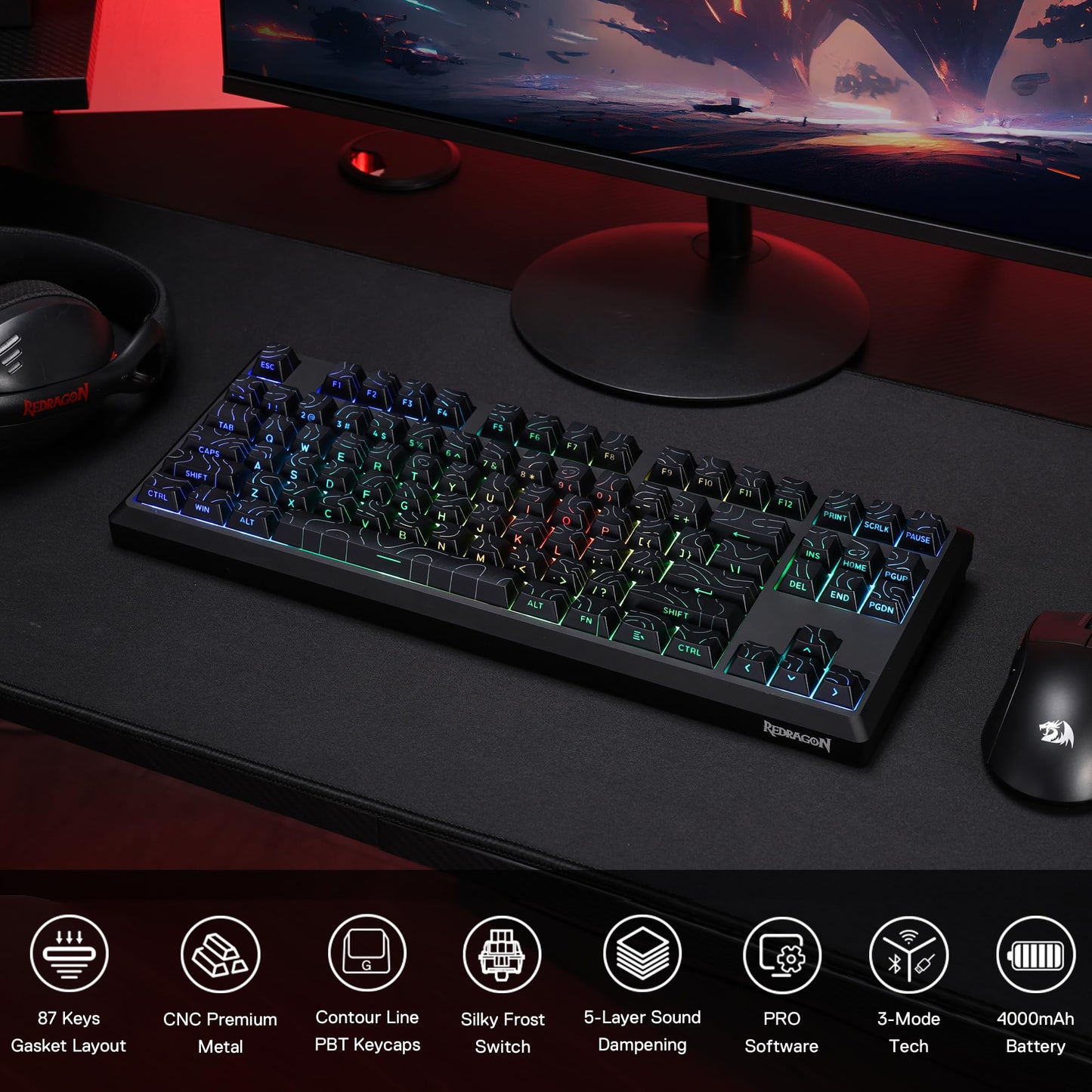 Redragon K737 PRO Wireless 87 Keys Gasket Gaming Keyboard, 80% Premium CNC Aluminum Mechanical Keyboard, Hot-Swap South-Facing LED Socket, 5-Layer Noise Dampening, Side-Printed PBT Contour Line Keycap
