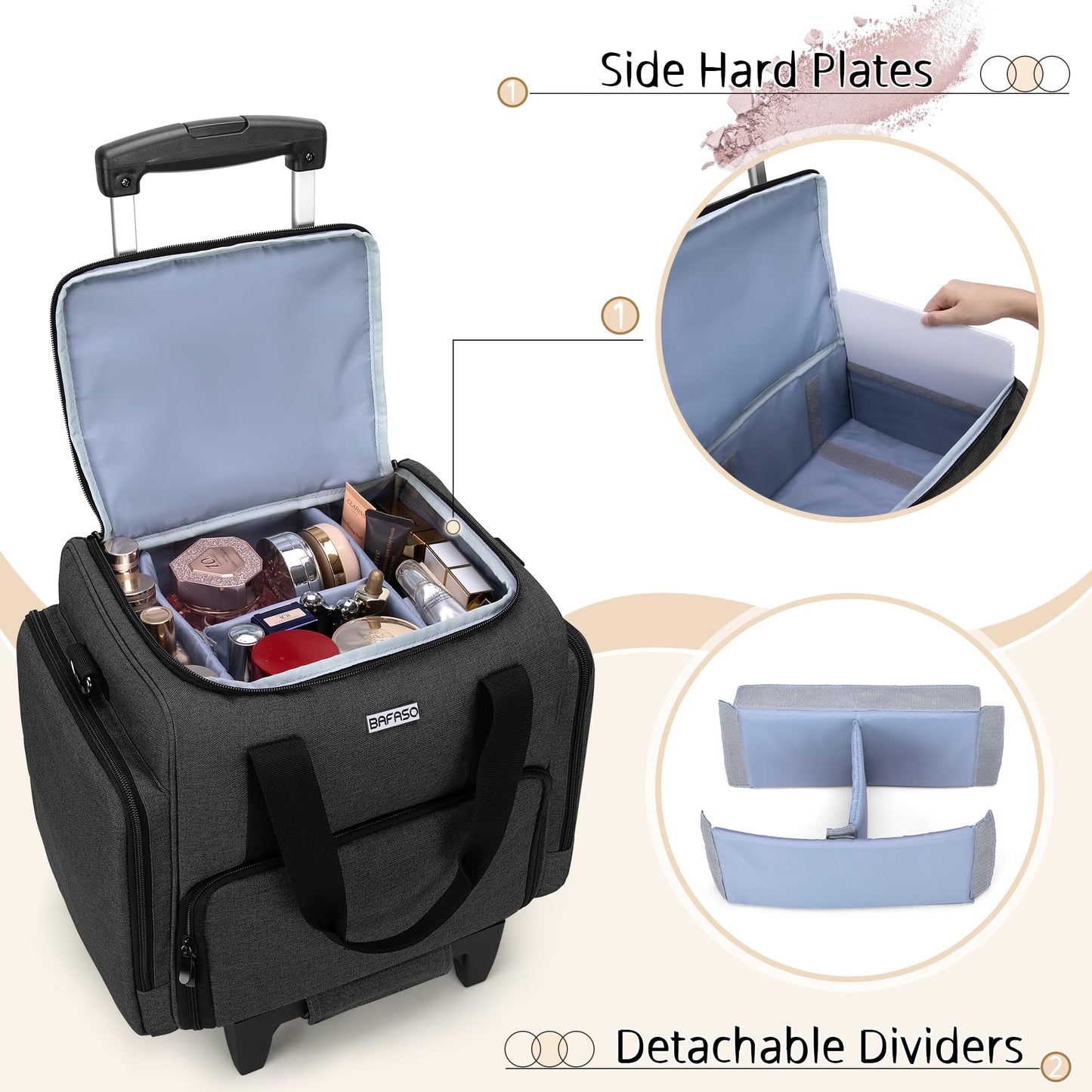 BAFASO Rolling Makeup Case with 3 Removable Pouches and 1 Makeup Brush Bag, Makeup Bag with Detachable Dolly (Patented), Black