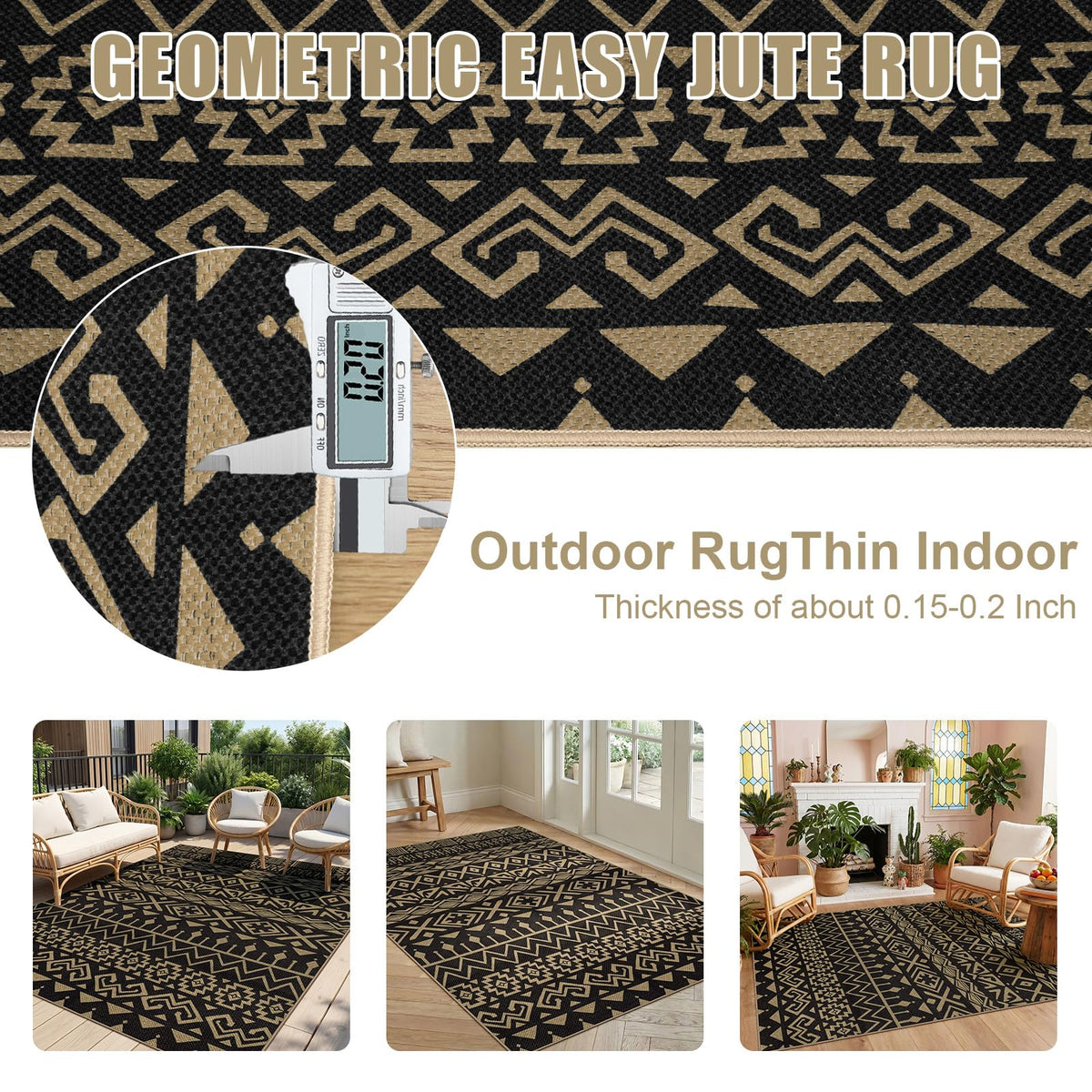 Outdoor Rug 3x5, Washable Non Slip Easy Jute Rug, Black Tribal Stripe Totem Indoor Outdoor Carpet for Outside Entryway, Patio, Balcony, Deck and Backyard,Tapis Exterieur